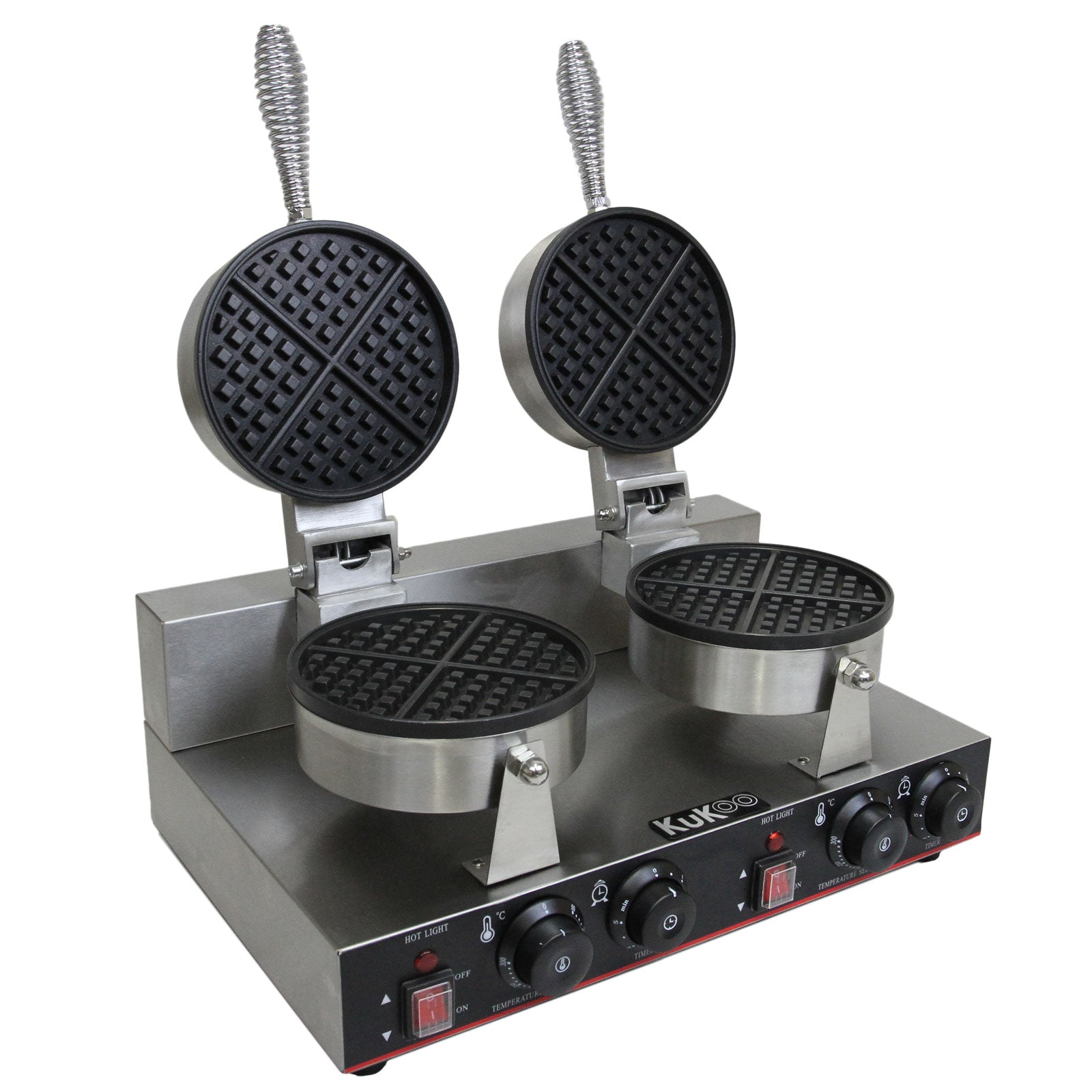 Máquina de gofres doble de acero inoxidable con dos placas calefactoras redondas y mangos negros.