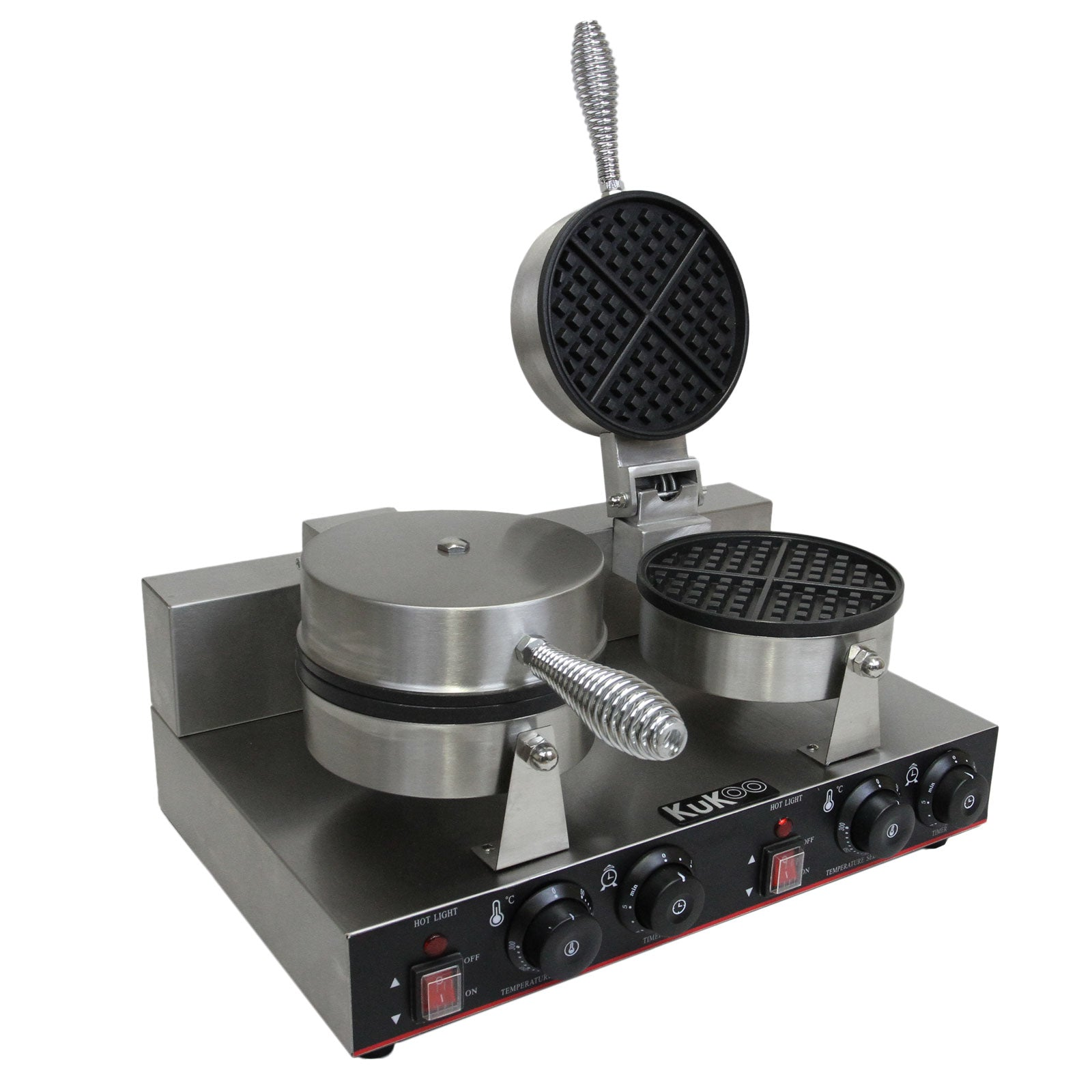 Máquina de gofres doble de acero inoxidable con asas plateadas y mandos negros.
