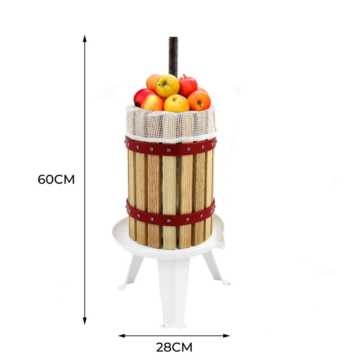 Prensa de madera con manzanas, sobre soporte blanco, 60x28cm.
