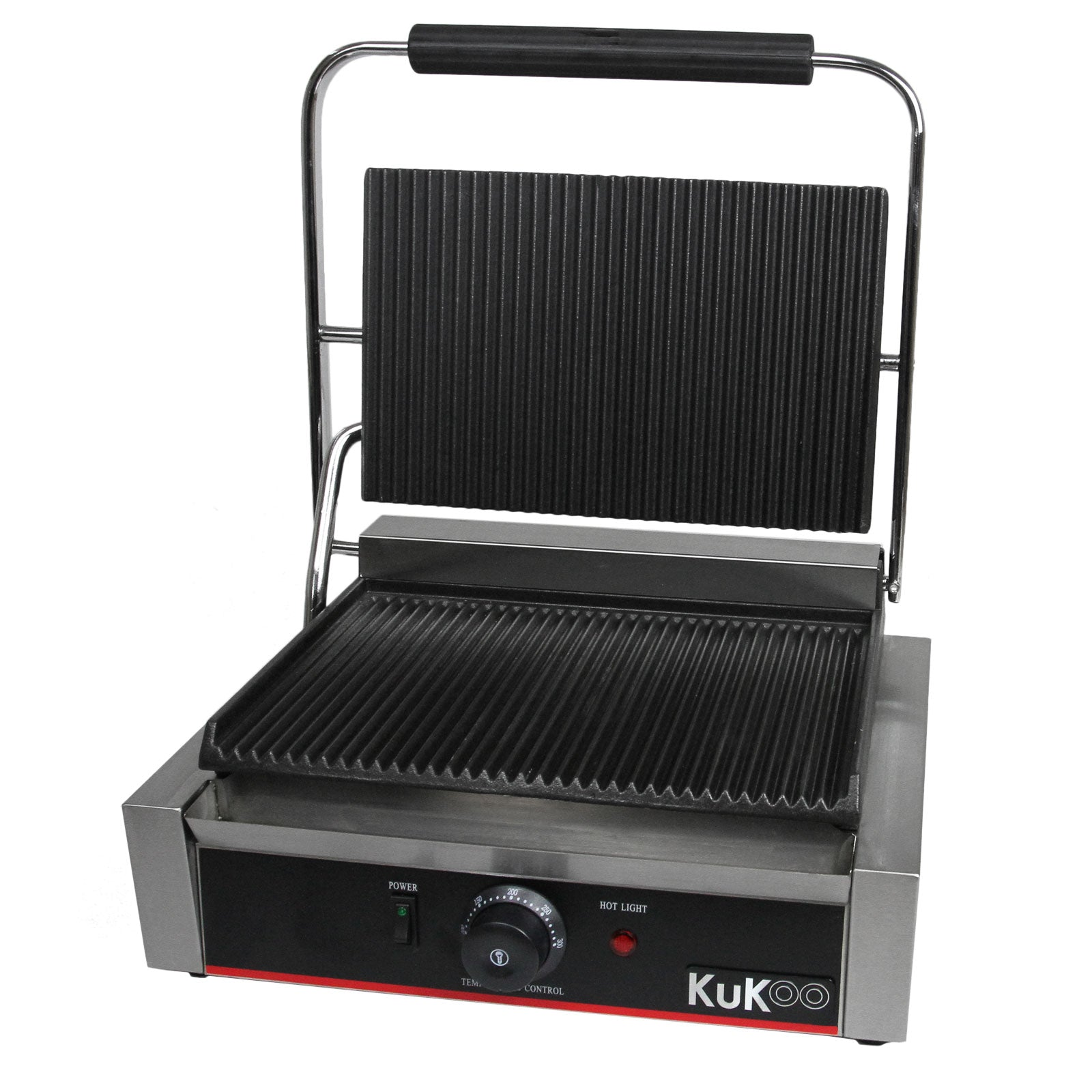 Una parrilla de contacto abierta y acanalada de acero inoxidable con placa negra y panel de control.