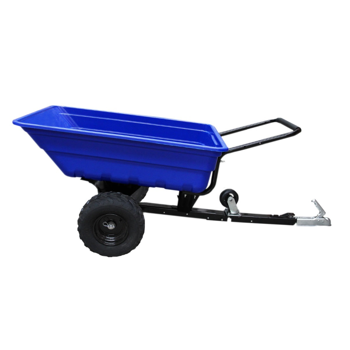 Carro de jardín azul con una rueda grande y enganche de remolque.