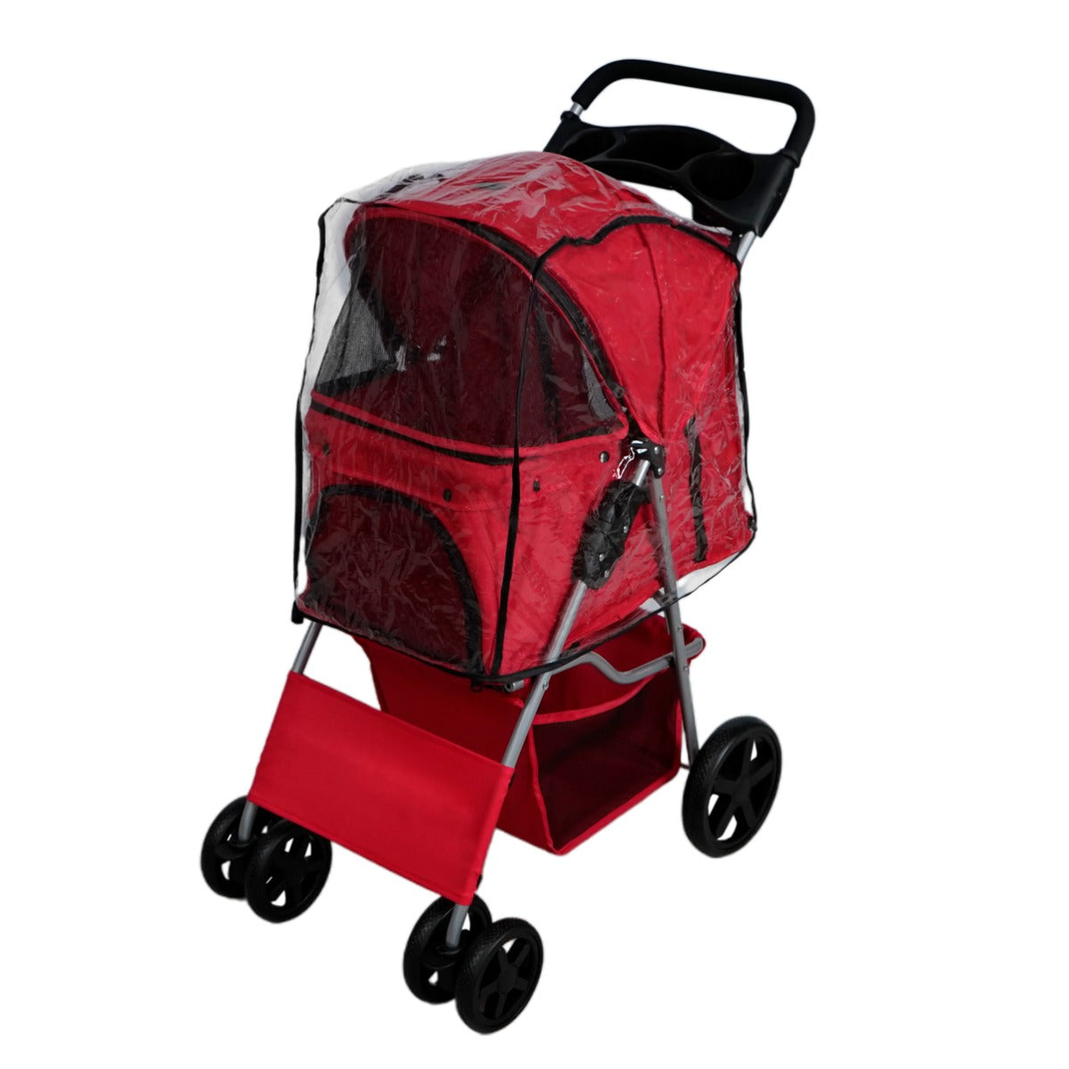 Un cochecito rojo para mascotas con cubierta de lluvia transparente y compartimentos.