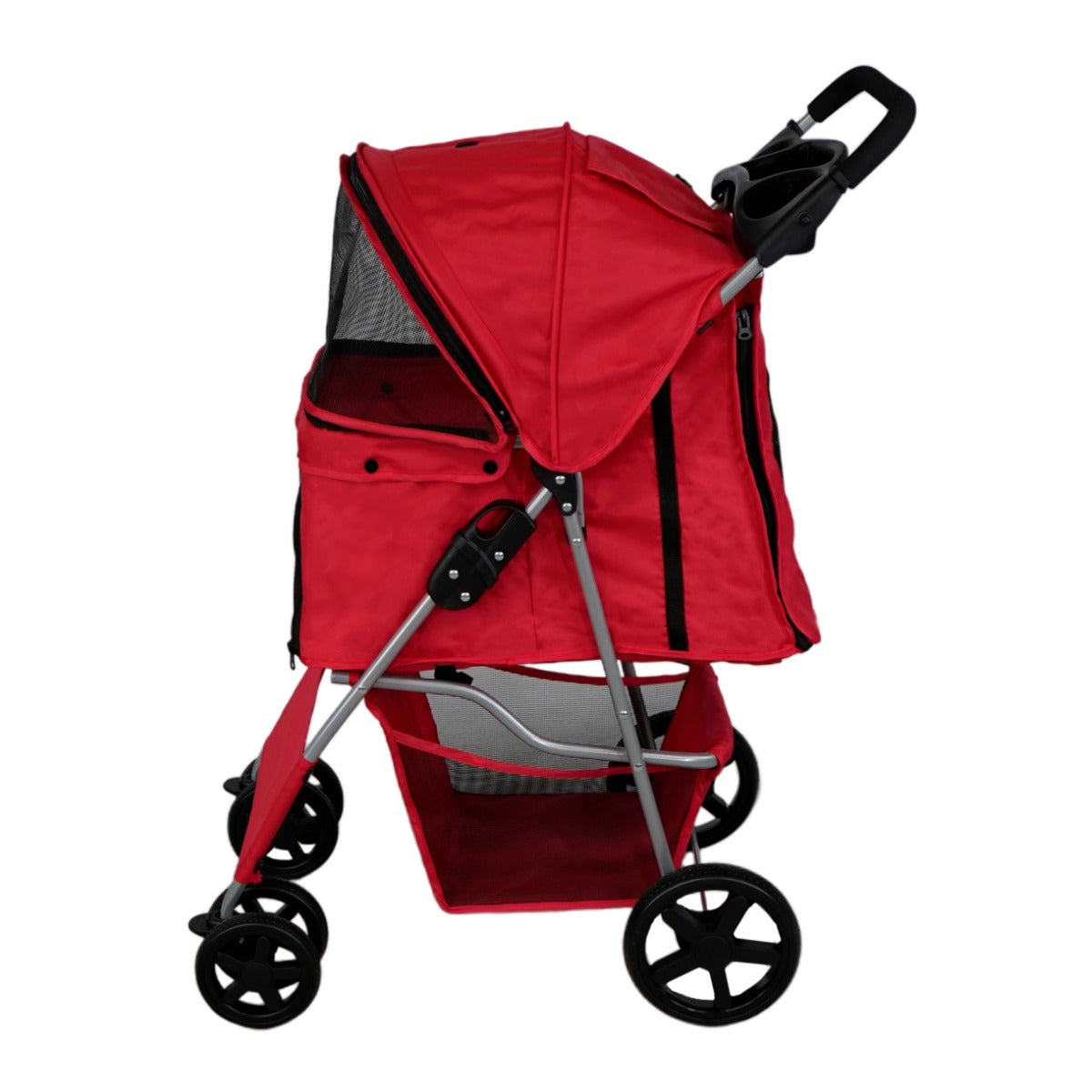 Un cochecito rojo para mascotas con ventanas de malla y una cesta de almacenamiento inferior.