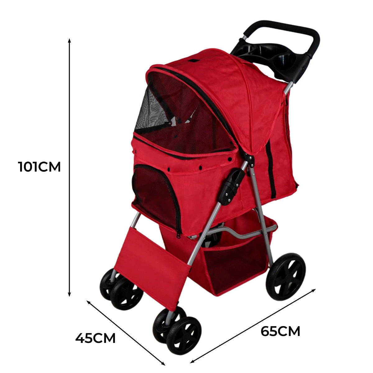 Un cochecito para mascotas rojo con ventanas de malla y compartimento inferior. Dimensiones: 101cm Al, 45cm An, 65cm L.