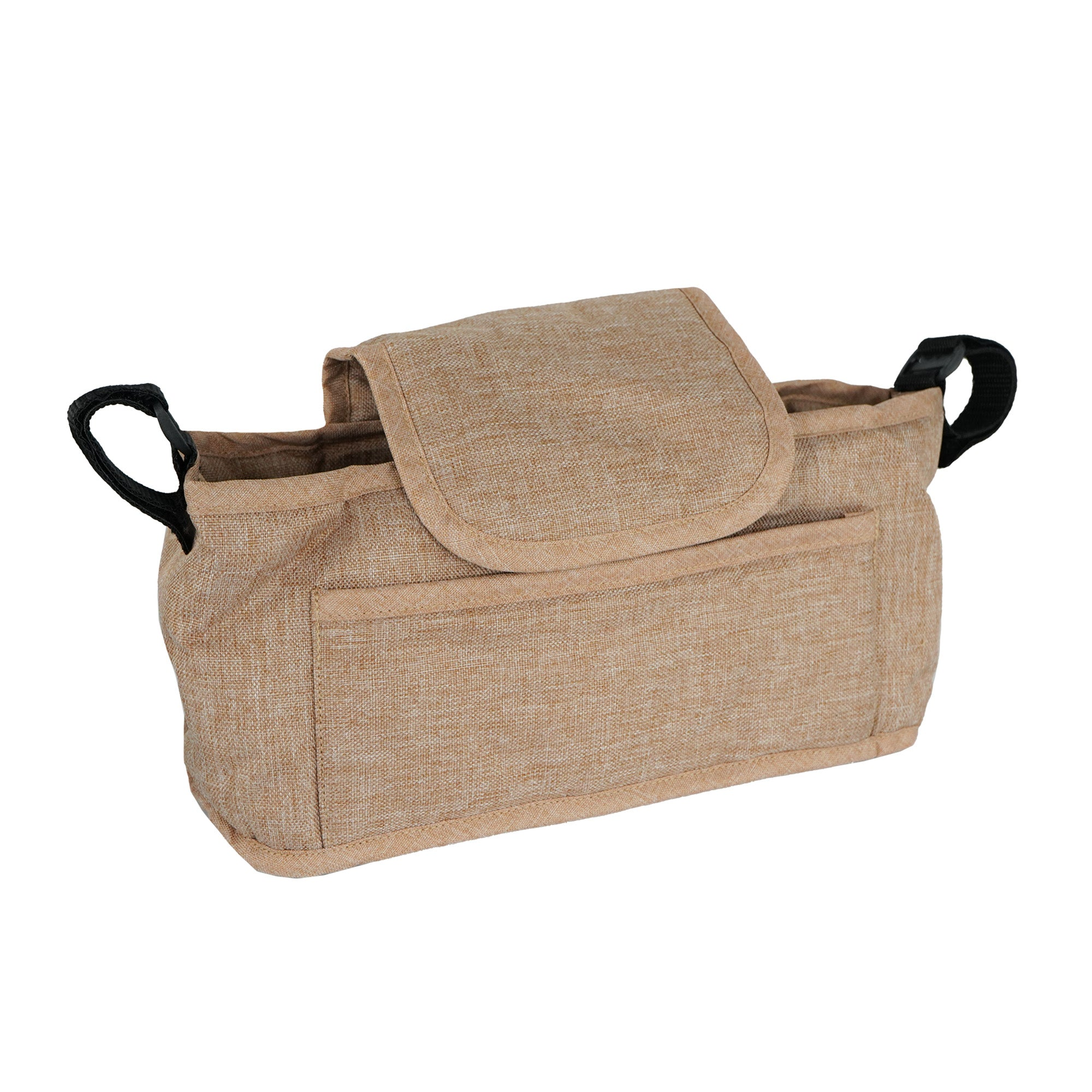 Un bolso de tela beige con asas y solapa, sobre fondo blanco.