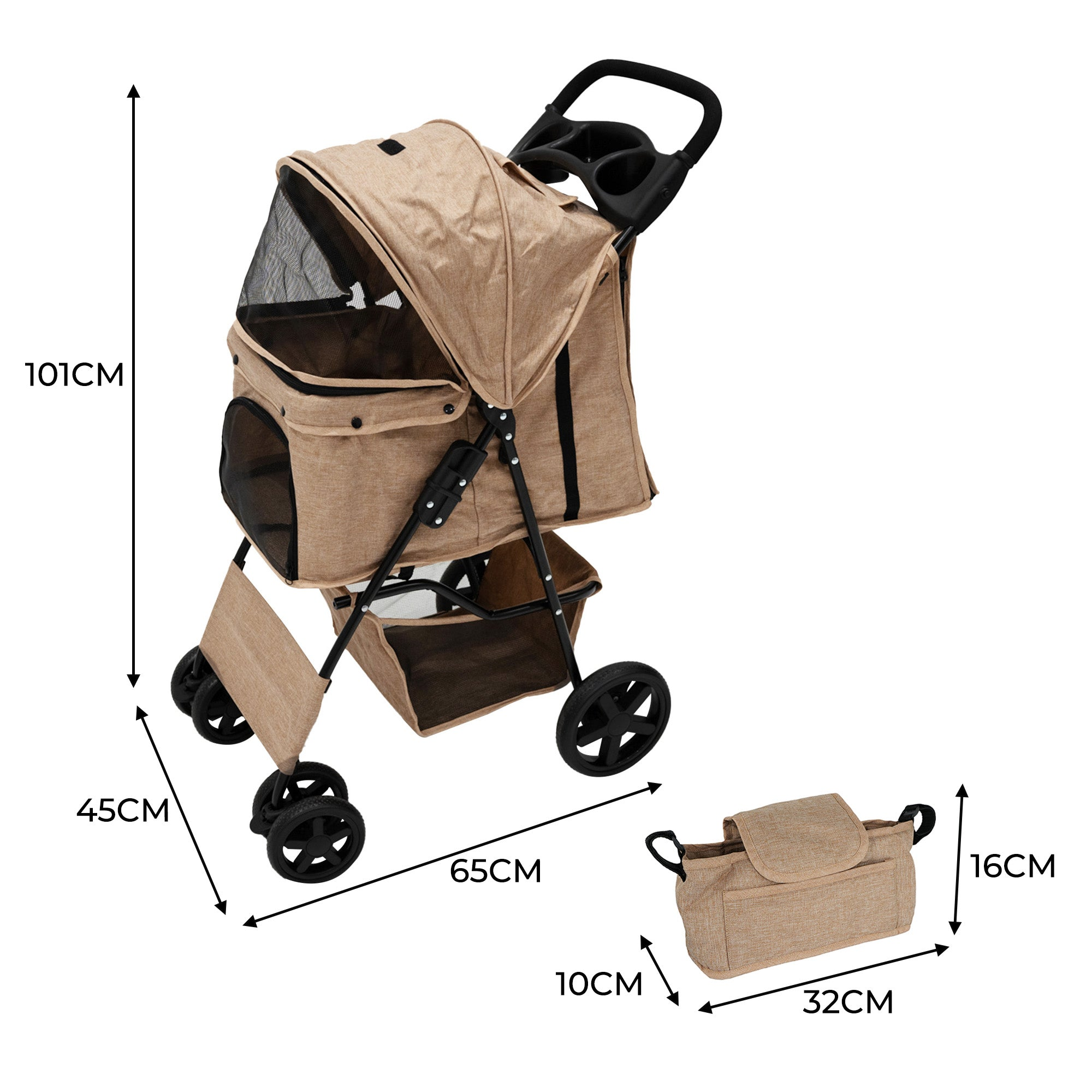 Un cochecito beige para mascotas con ventanas de malla y almacenamiento, con dimensiones.