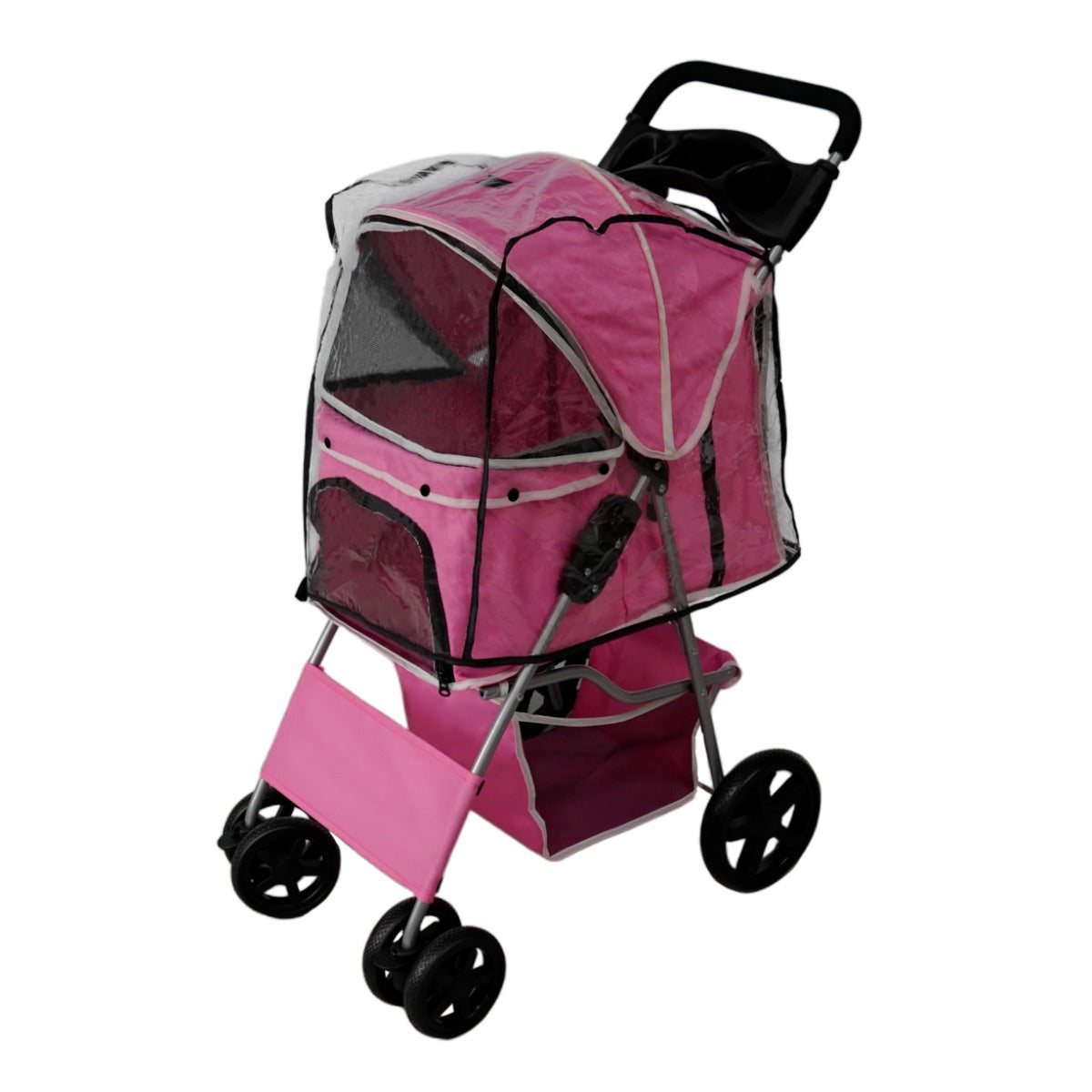 Un cochecito rosa para mascotas con cubierta transparente y ruedas negras.