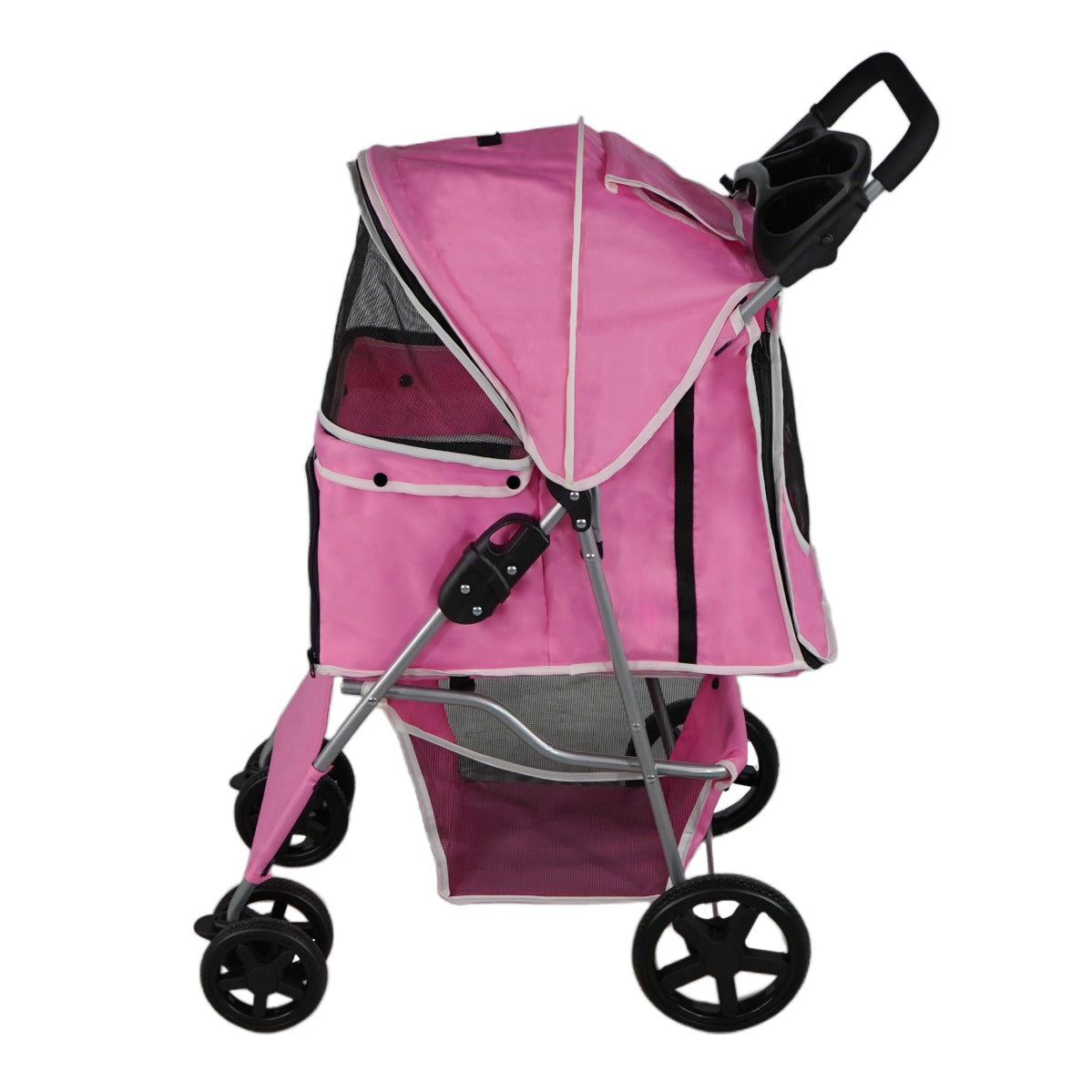 Un cochecito rosa para mascotas con ventanas de malla y compartimento.