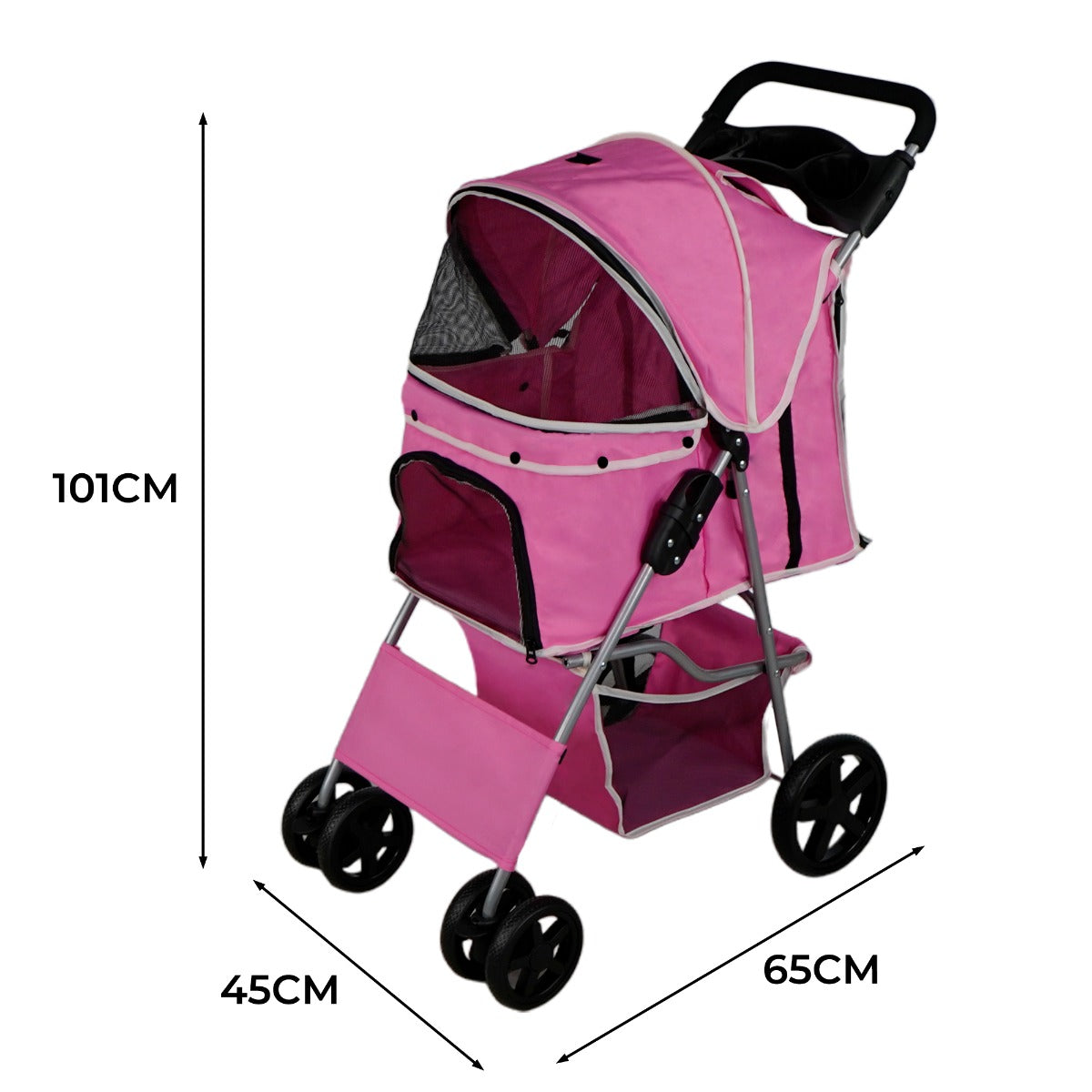 Un cochecito rosa para mascotas, 101 cm de alto, 45 cm de ancho y 65 cm de largo.