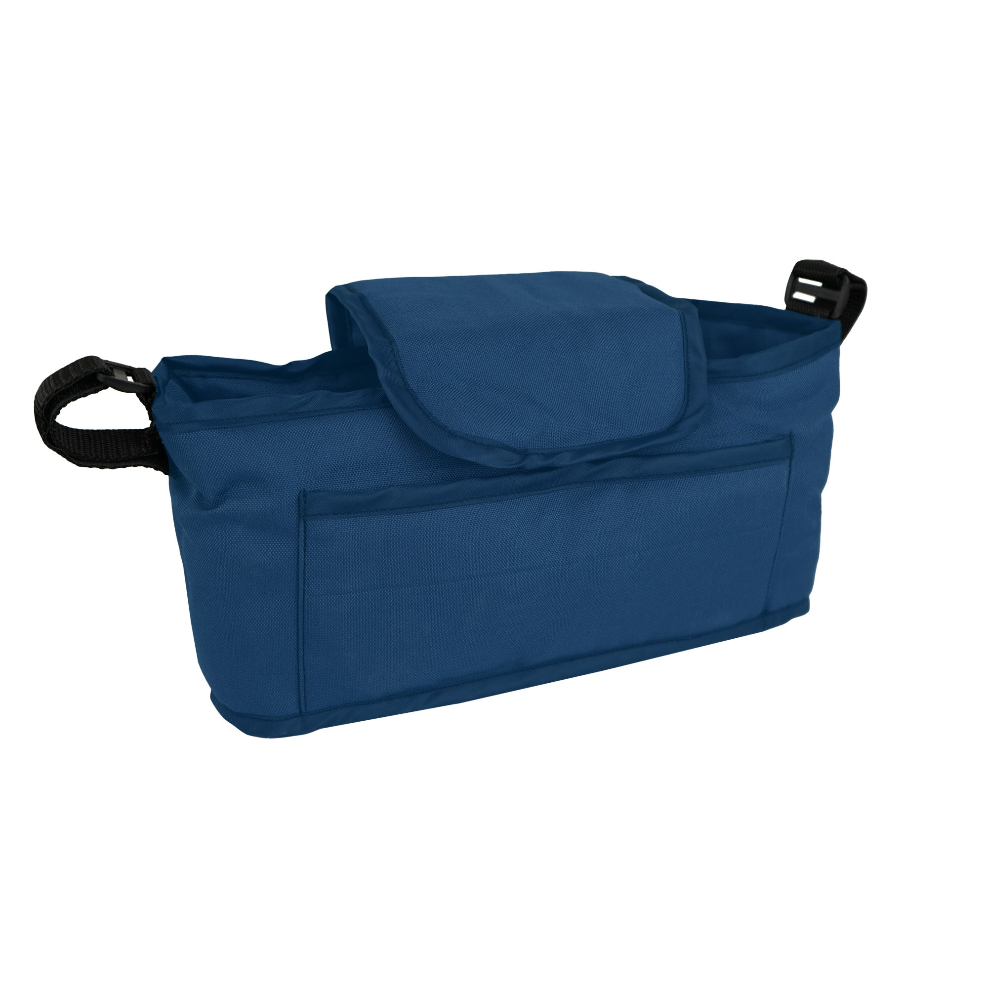 Una bolsa azul oscuro para cochecito con compartimentos y correas.