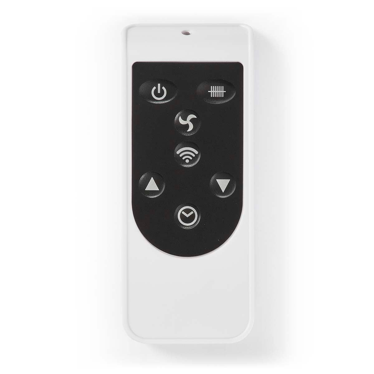 Telecomando bianco con area pulsanti nera e icone: accensione, ventola, Wi-Fi, frecce, timer.