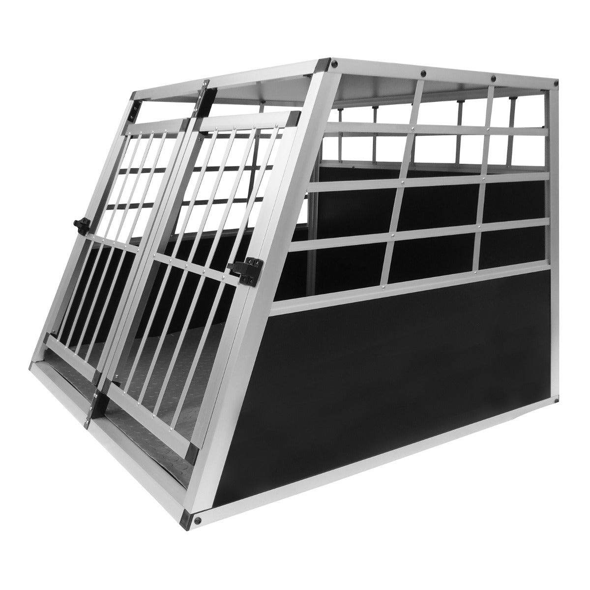 Una jaula plateada con lados negros y dos puertas con barrotes, vista de frente.