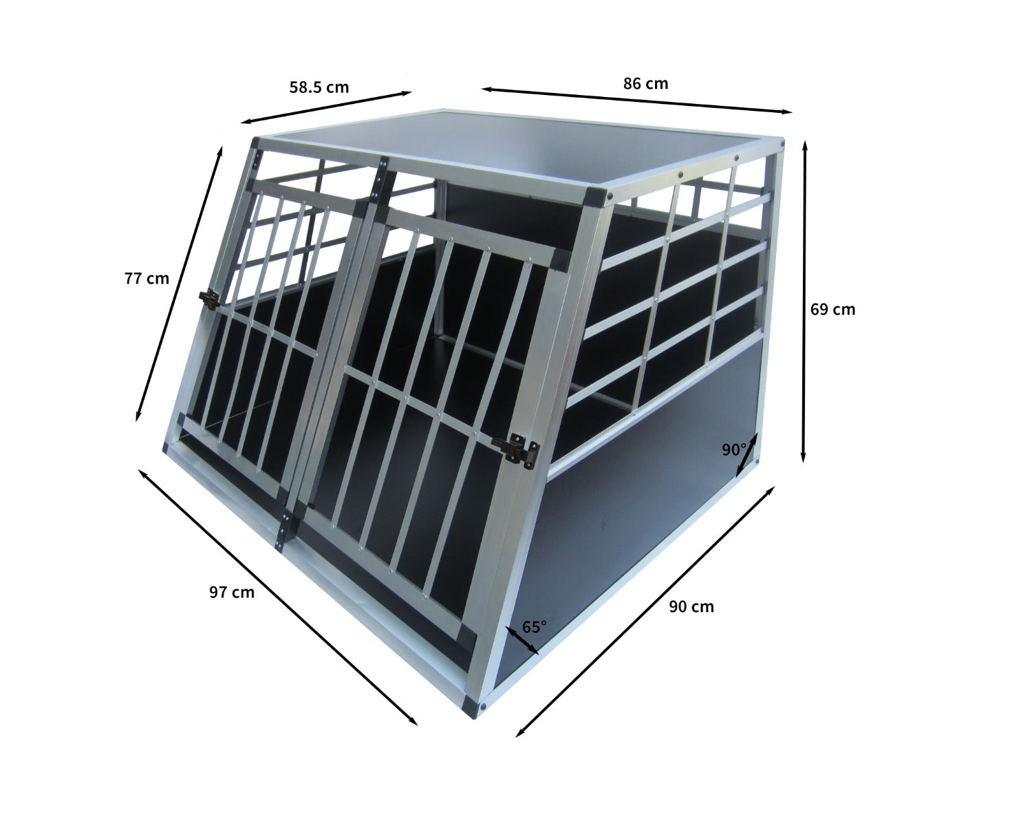 Una jaula plateada para perros con paredes negras y barrotes metálicos. Se muestran las dimensiones.