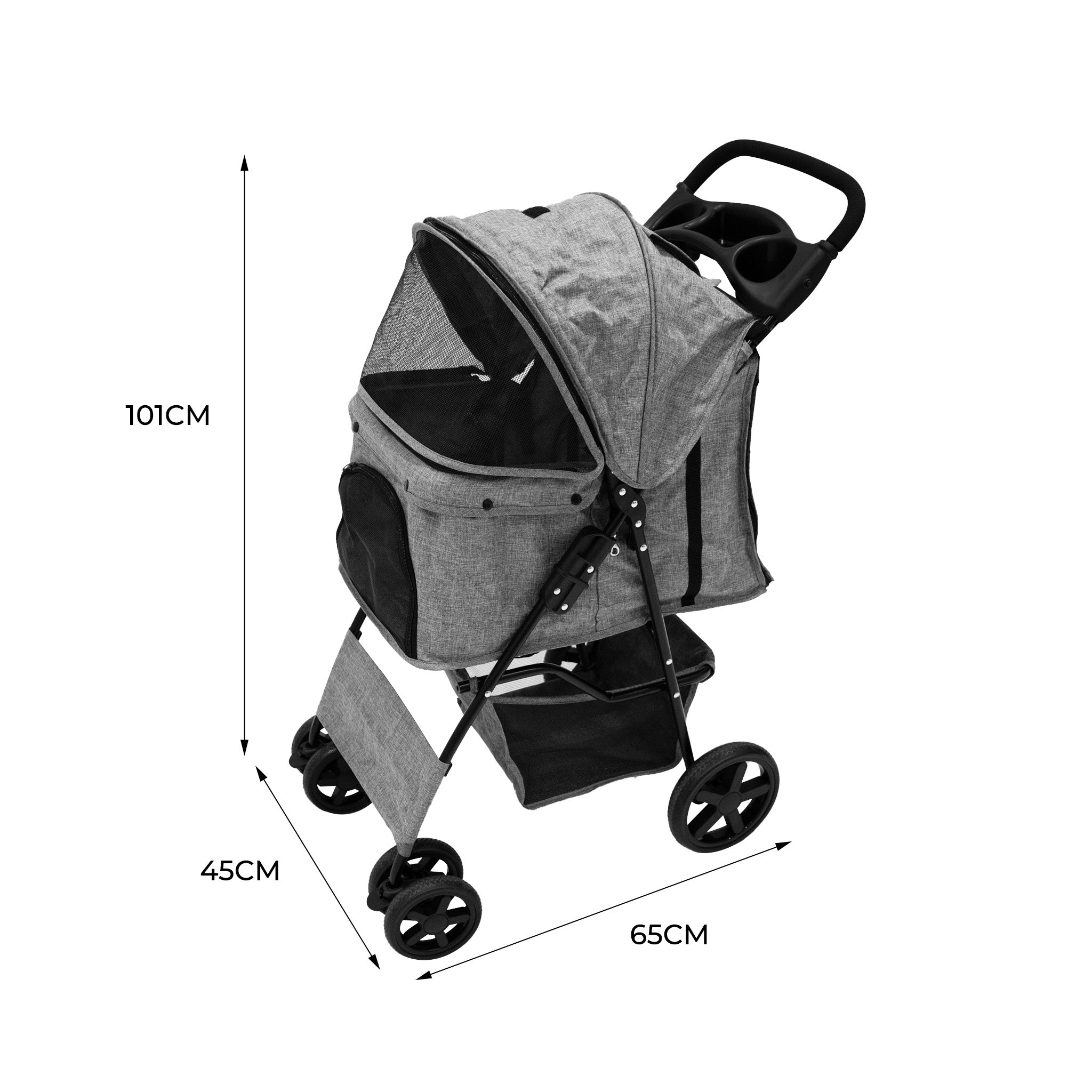 Cochecito gris para mascotas con cesta, ruedas y manillar negros. Dimensiones: 101x65x45cm.