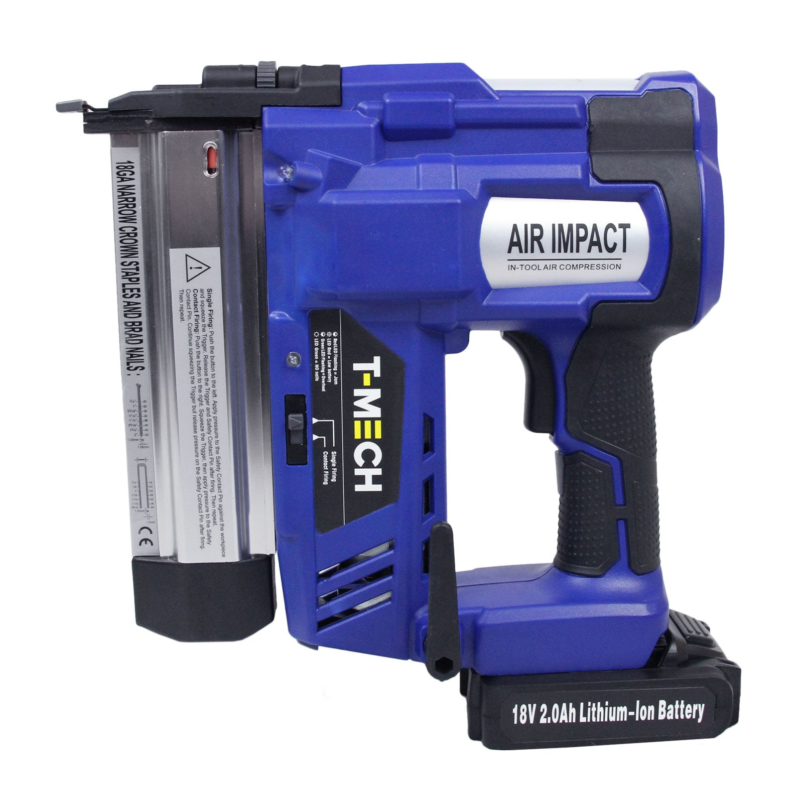Una engrapadora T-MECH azul con batería de 18V, grapas estrechas y clavos.