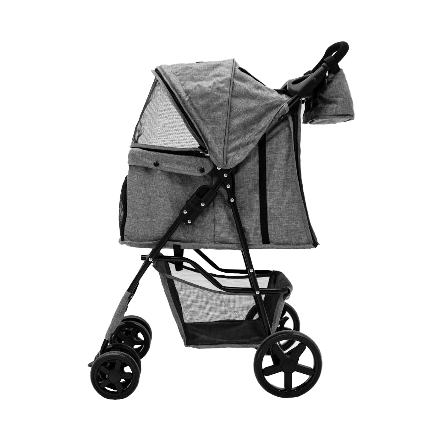 Cochecito gris para mascotas con ventana de malla y cesta.