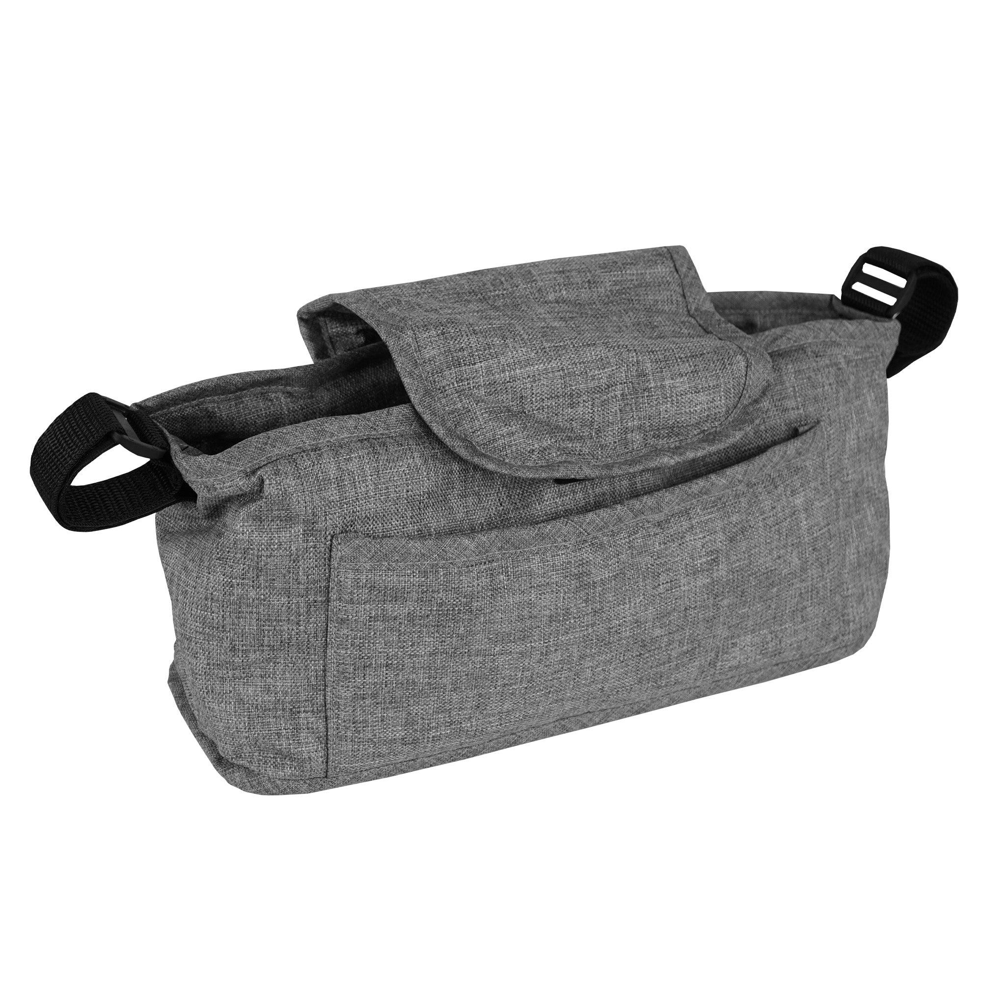 Bolso organizador gris para cochecito con correa y hebilla negras, fondo blanco.