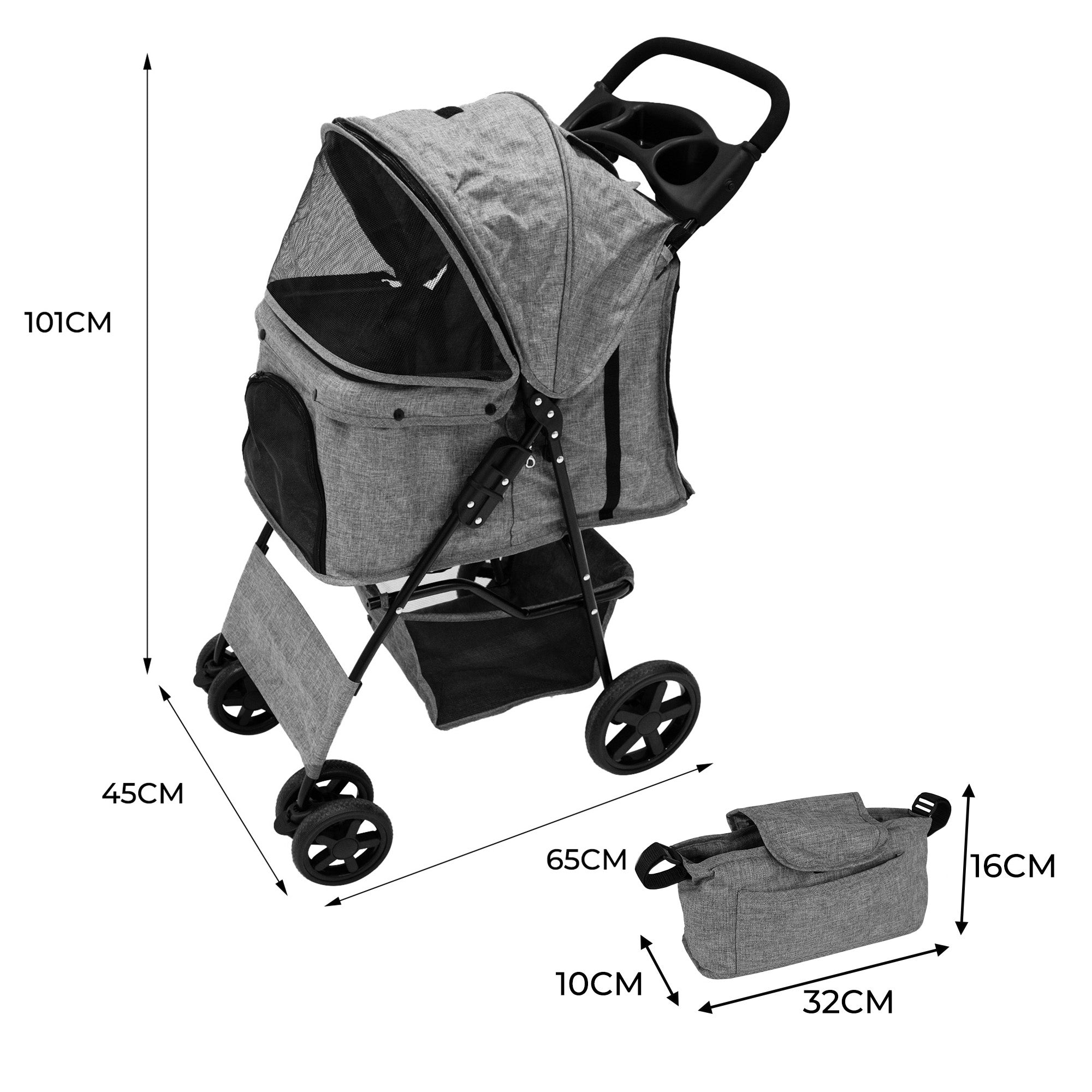 Cochecito gris para mascotas con ventanas de malla y bolsa de almacenamiento. Dimensiones mostradas.