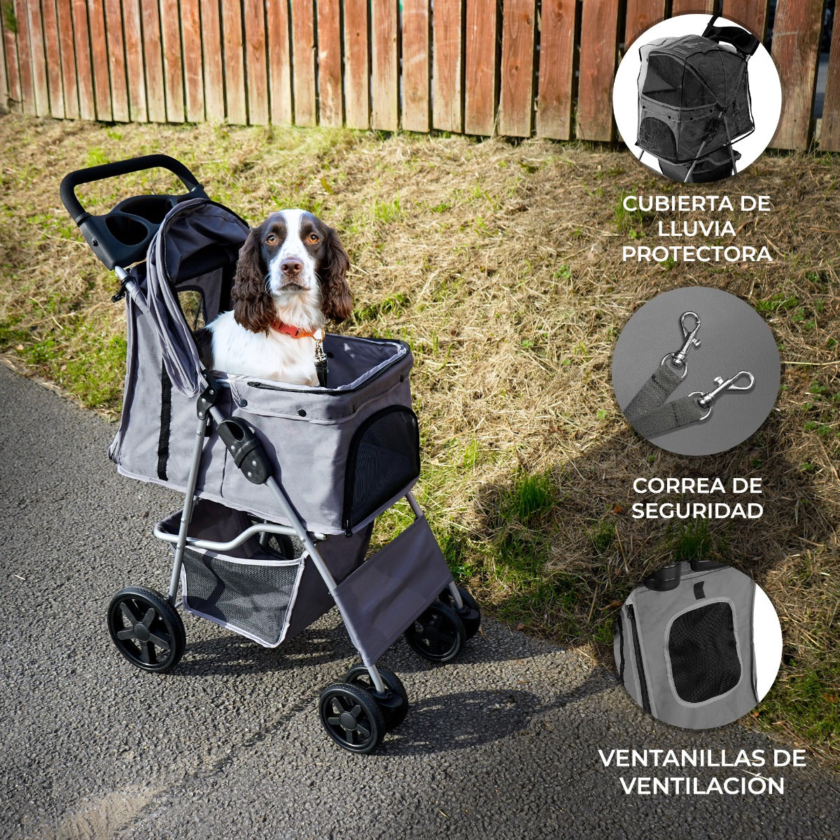 Un perro se sienta en un cochecito gris al aire libre. Se muestran accesorios al lado.