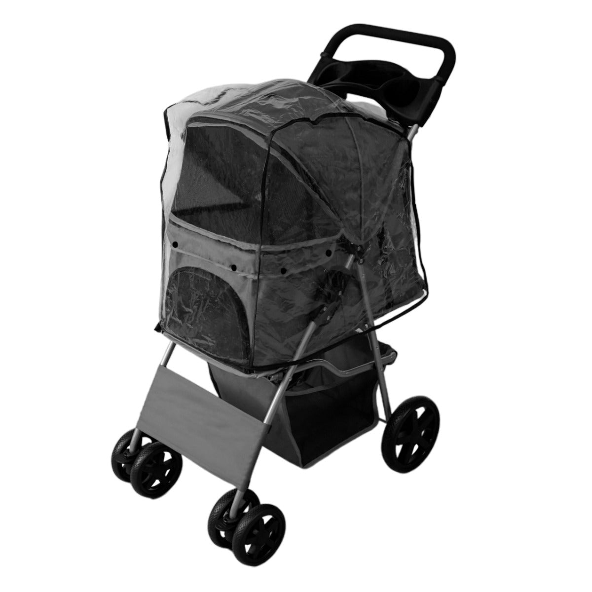 Un cochecito gris para mascotas con cubierta transparente, cuatro ruedas y asa.