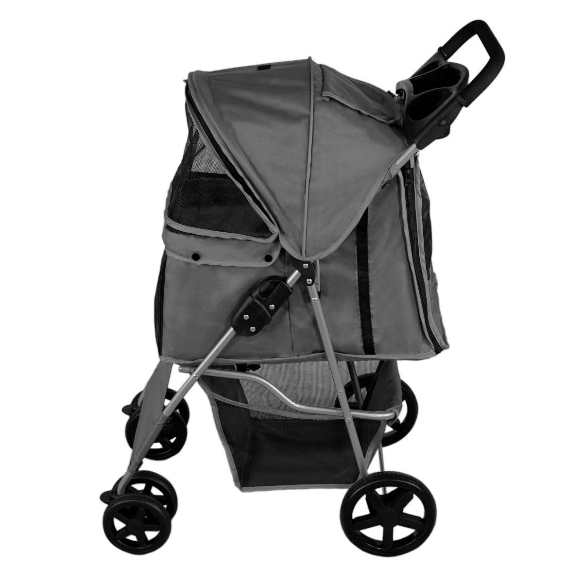 Cochecito gris para mascotas con capota, ventanas de malla, asa y cesta.
