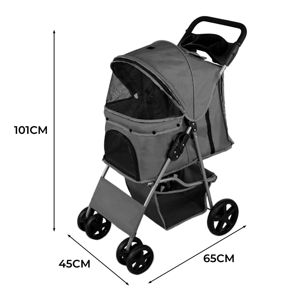 Cochecito gris para mascotas con ventanas de malla y almacenamiento, 101cm de alto.