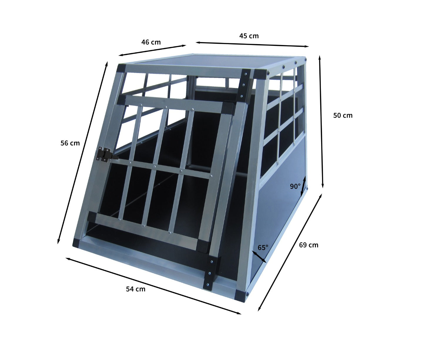 Una jaula para perros plateada con paneles negros y puertas con barrotes, con dimensiones.