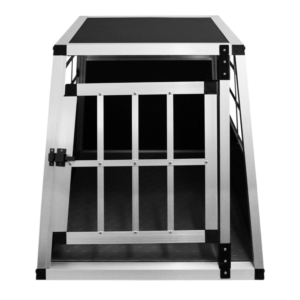 Una jaula plateada de aluminio para perros con puerta y techo negros.