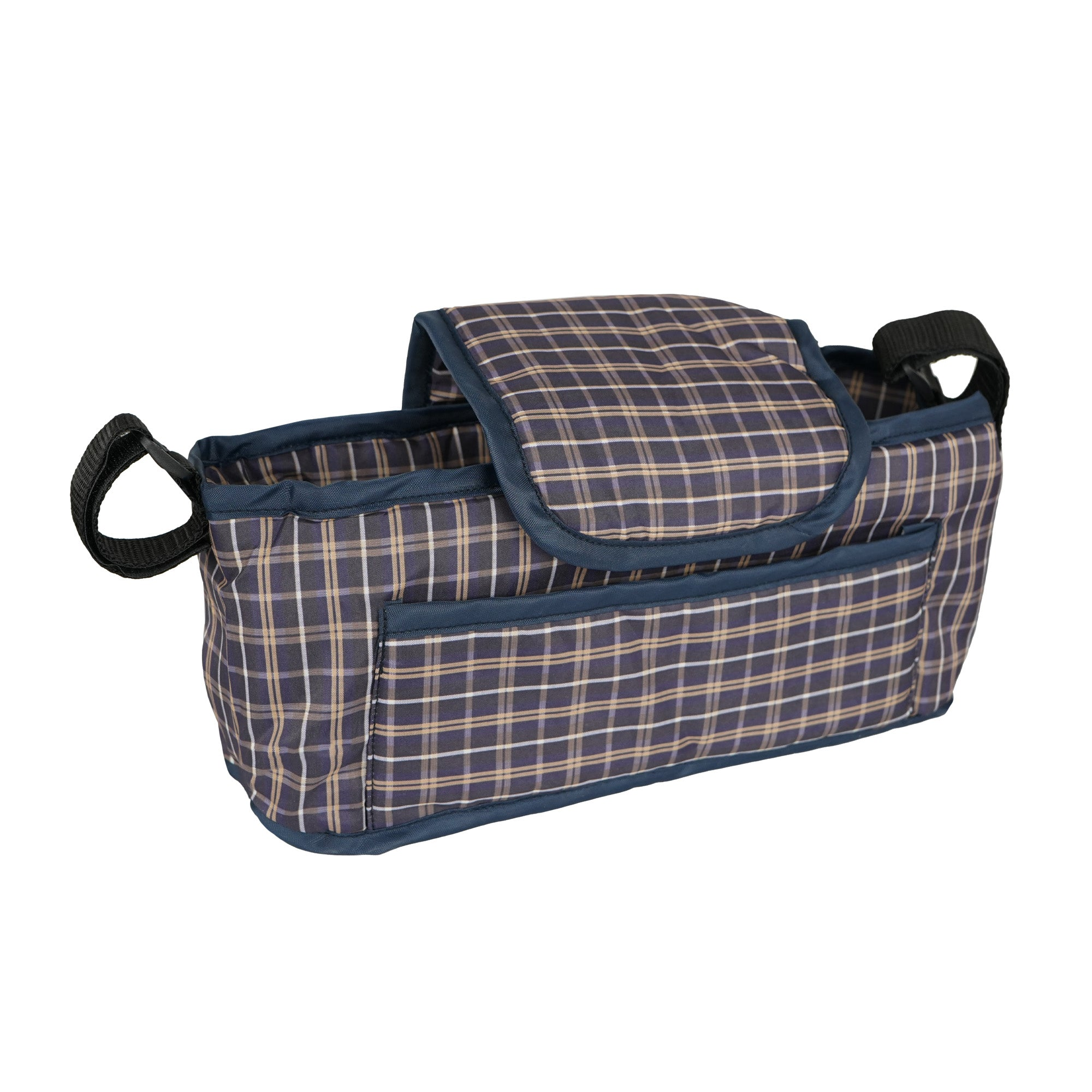 Una bolsa de pañales a cuadros con asas y bolsillos exteriores.