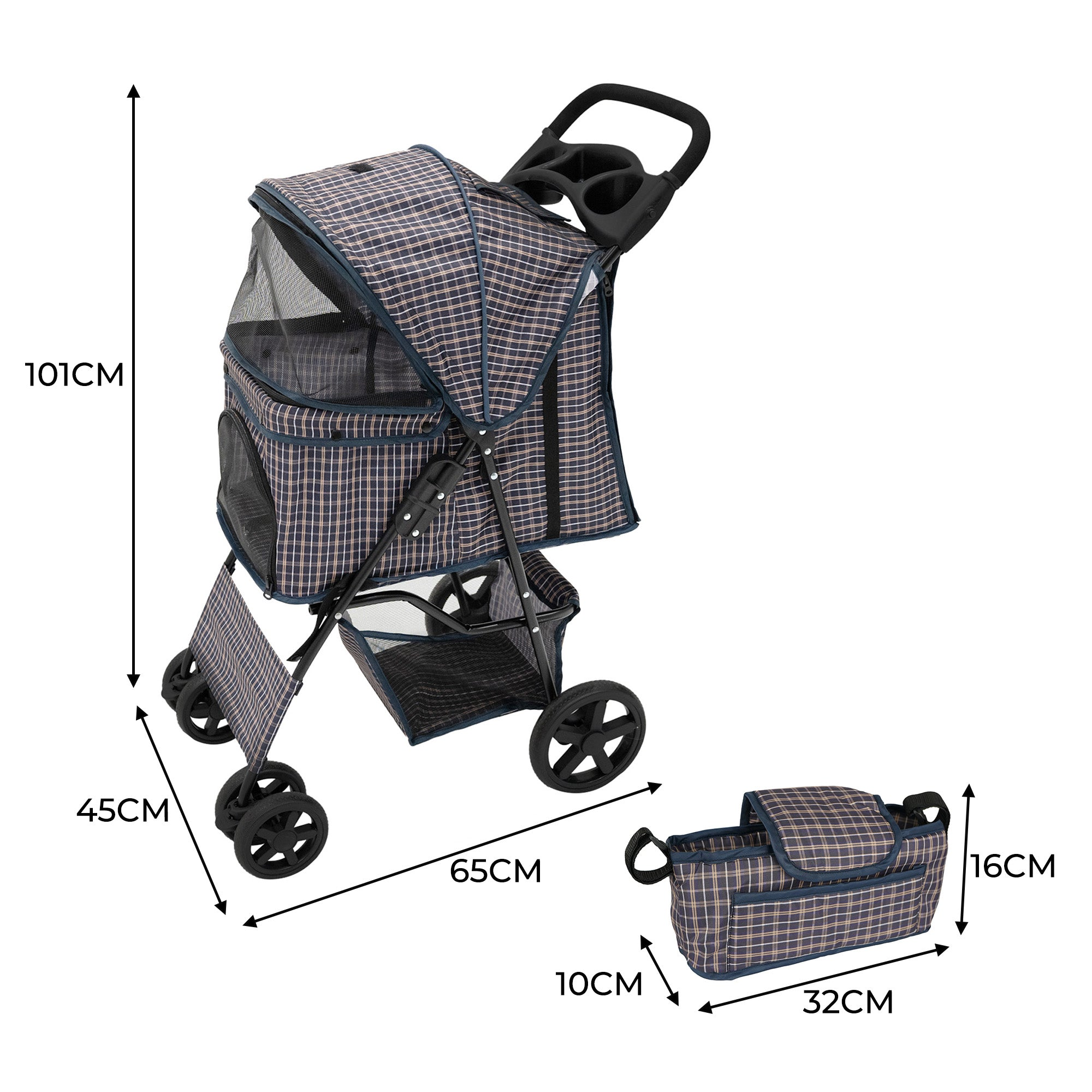 Un cochecito a cuadros para mascotas con dimensiones y una bolsa separada.