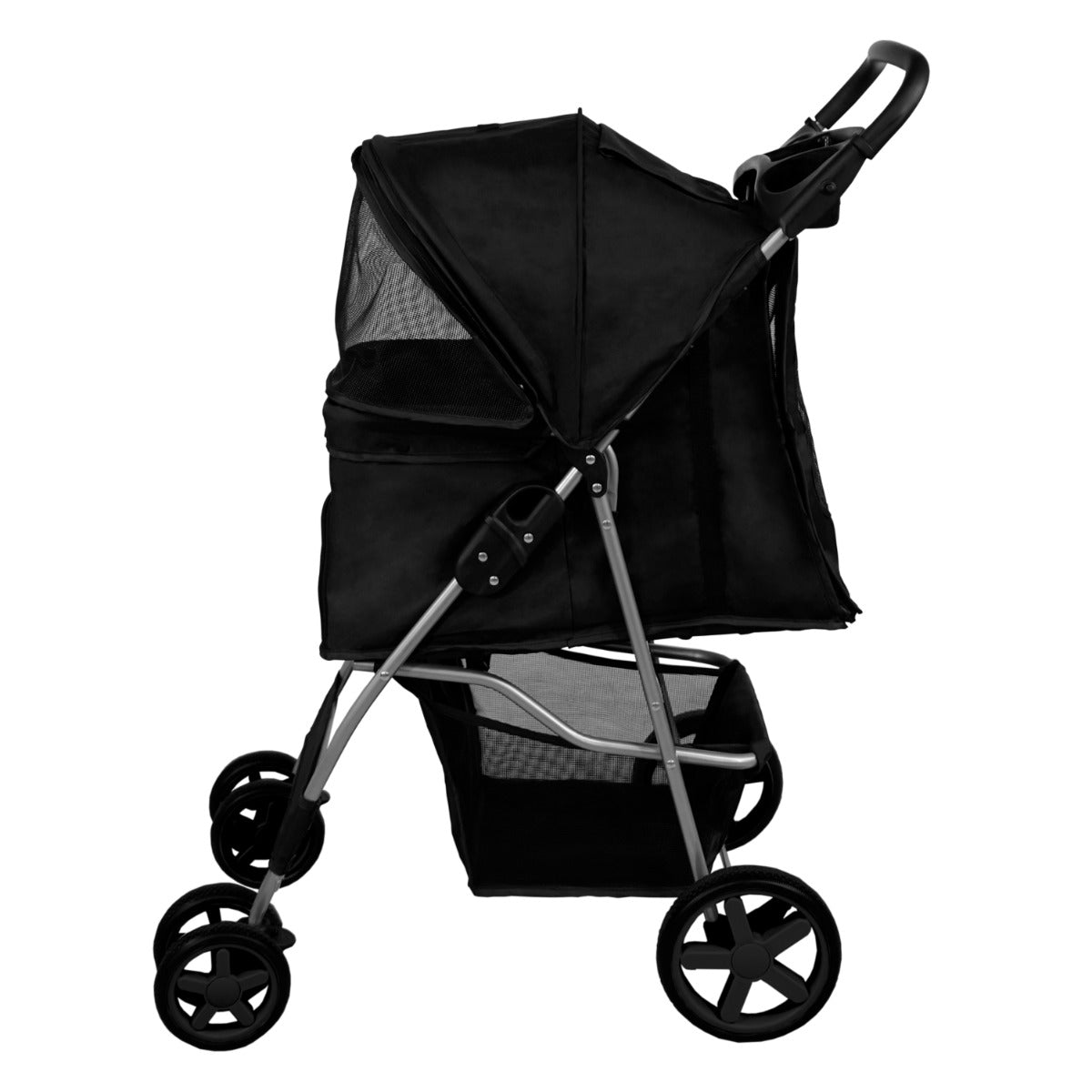 Cochecito negro para mascotas con ventanas de malla y cesta de almacenamiento.