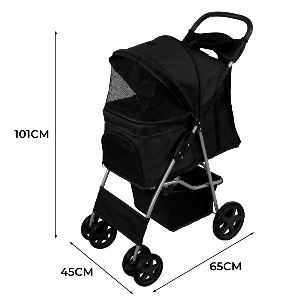 Cochecito negro para mascotas con ventanas de malla, 101cm alto, 45cm ancho, 65cm largo.