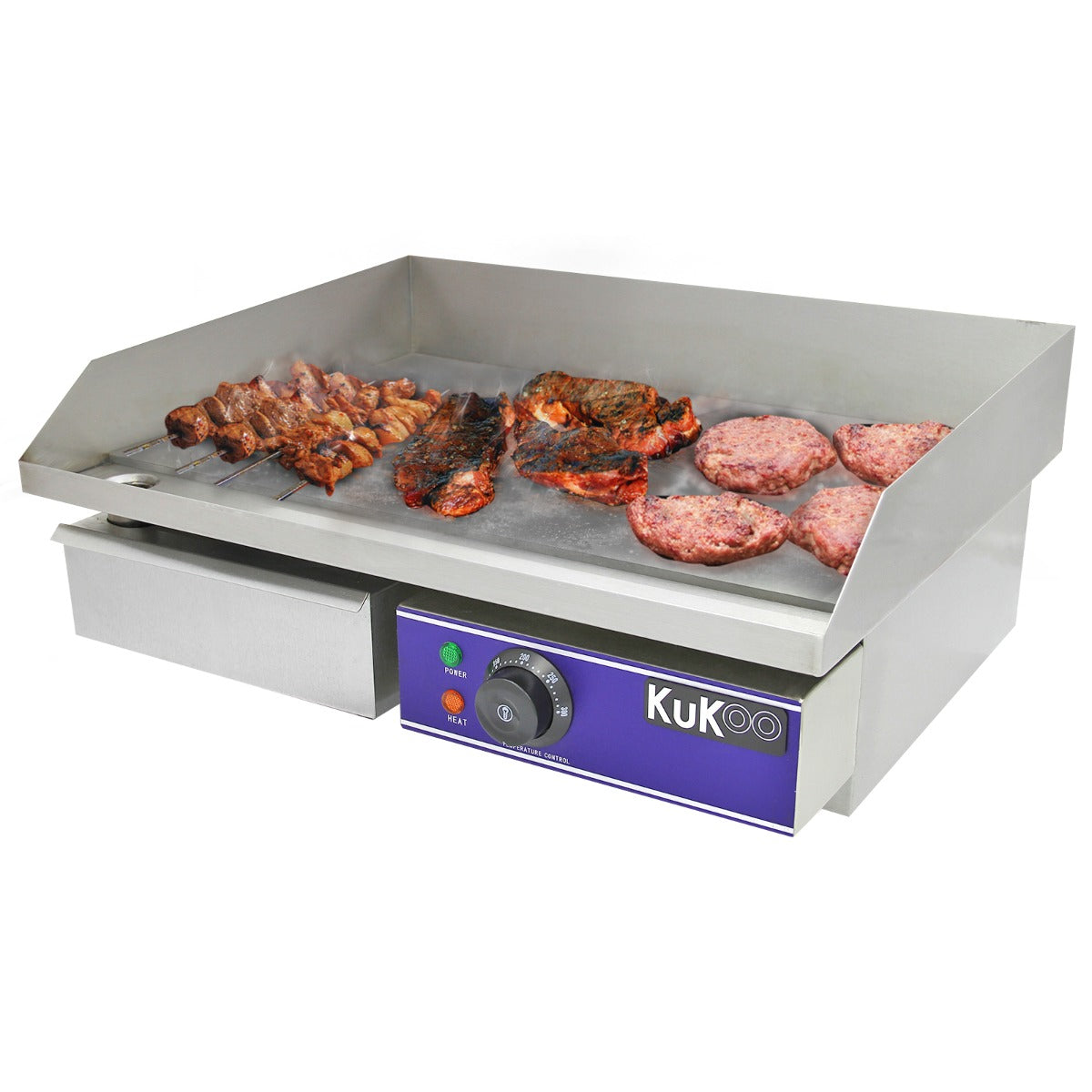 Una plancha de acero inoxidable cocina brochetas, filetes y hamburguesas. Panel de control con luces y dial.