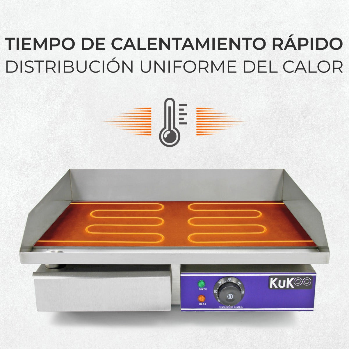 Una plancha eléctrica con placa calefactora y control de temperatura.