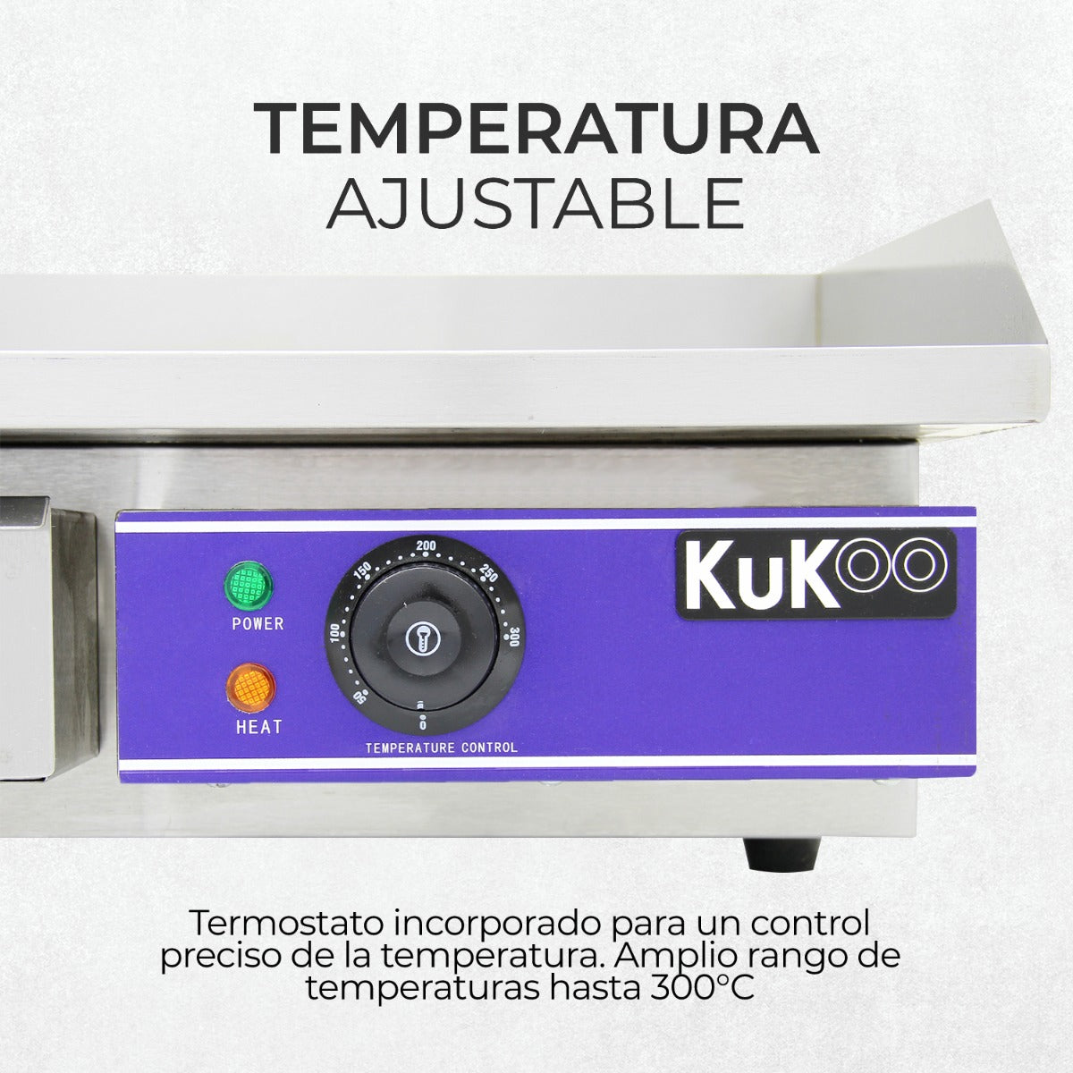 Olla eléctrica con panel de control azul, dial de temperatura y luces indicadoras.