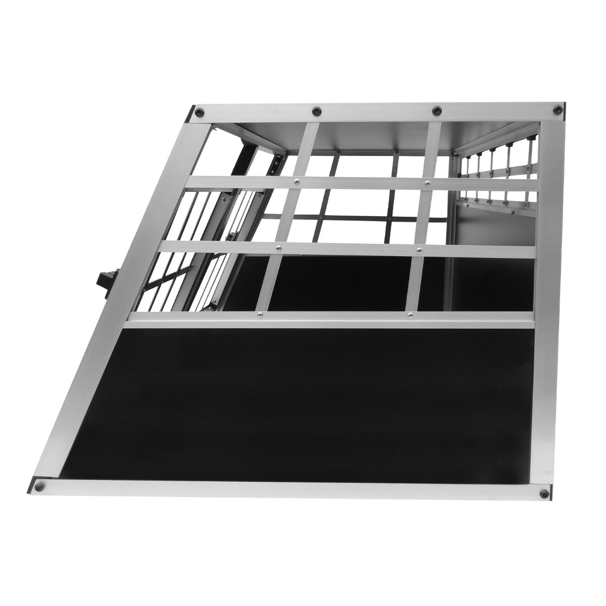 Una jaula plateada para perros con paneles negros y barras metálicas.