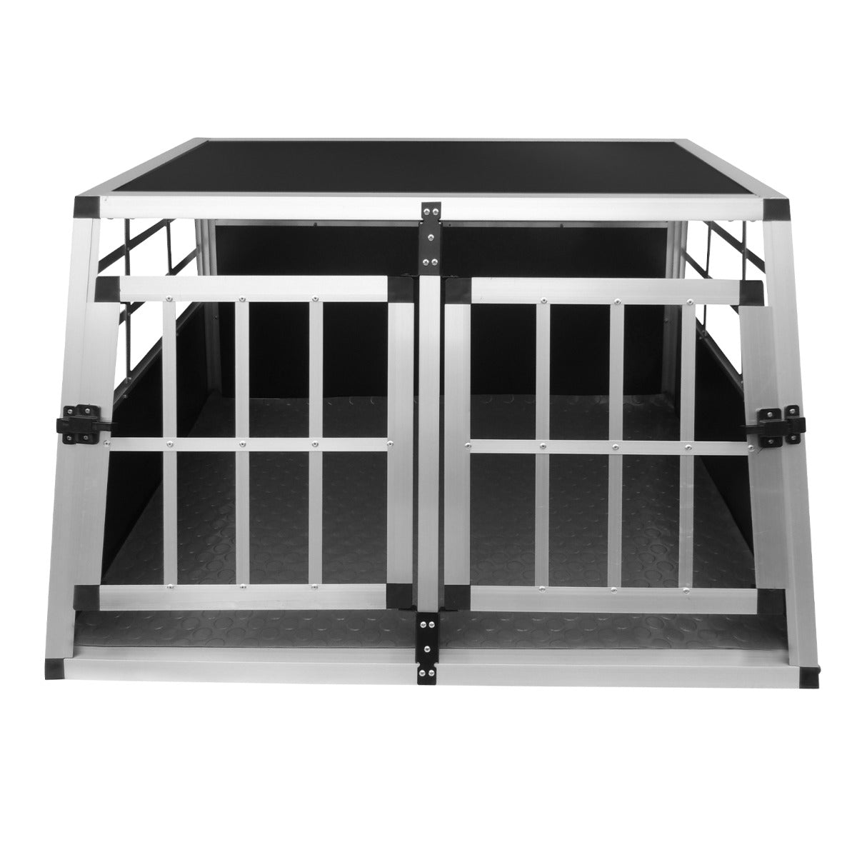 Una jaula plateada de aluminio para perros con puertas y techo negros.