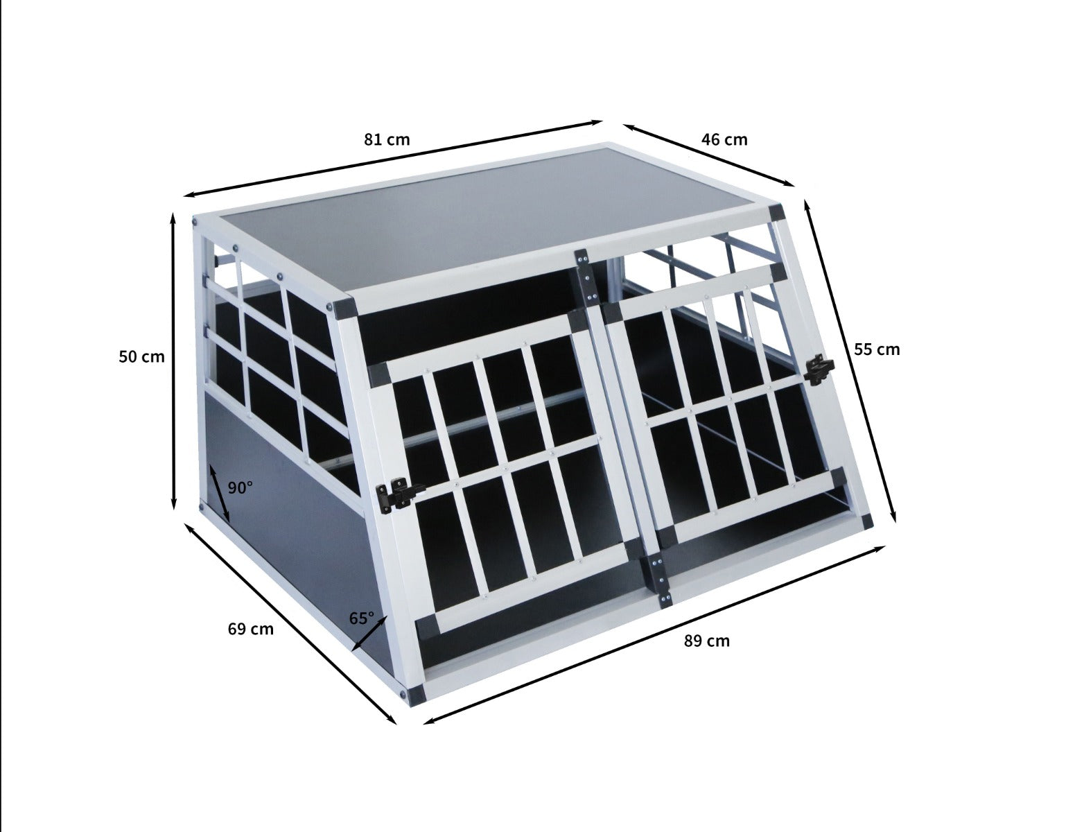 Una jaula para perros de aluminio con paneles y barras negras, se indican las dimensiones.