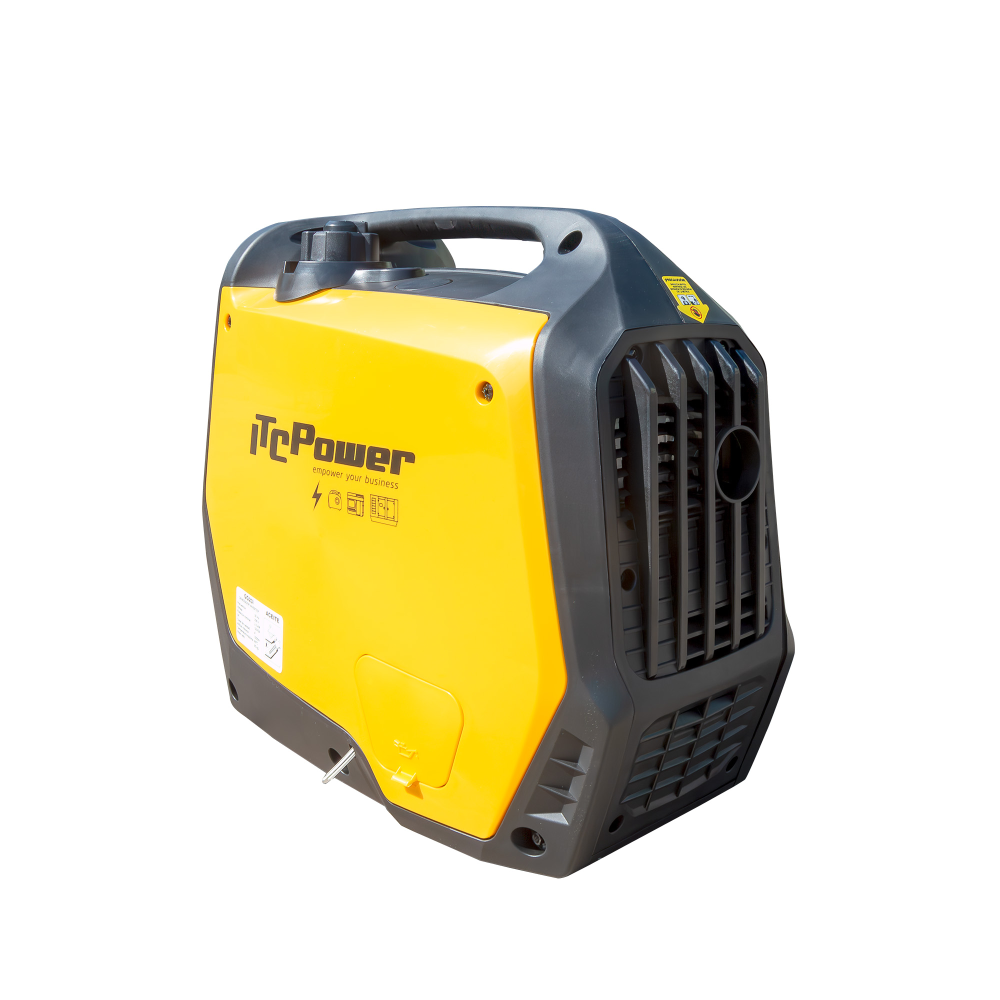 Generador portátil amarillo y negro con asa y rejillas de ventilación.