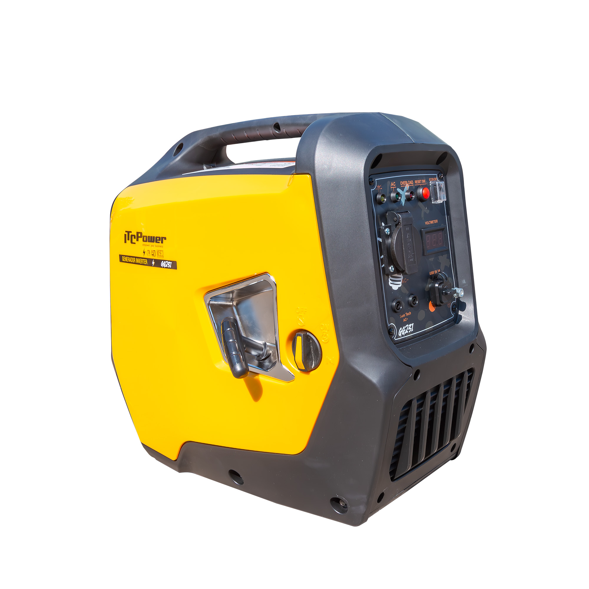 Un generador portátil amarillo y gris con asa y panel de control.