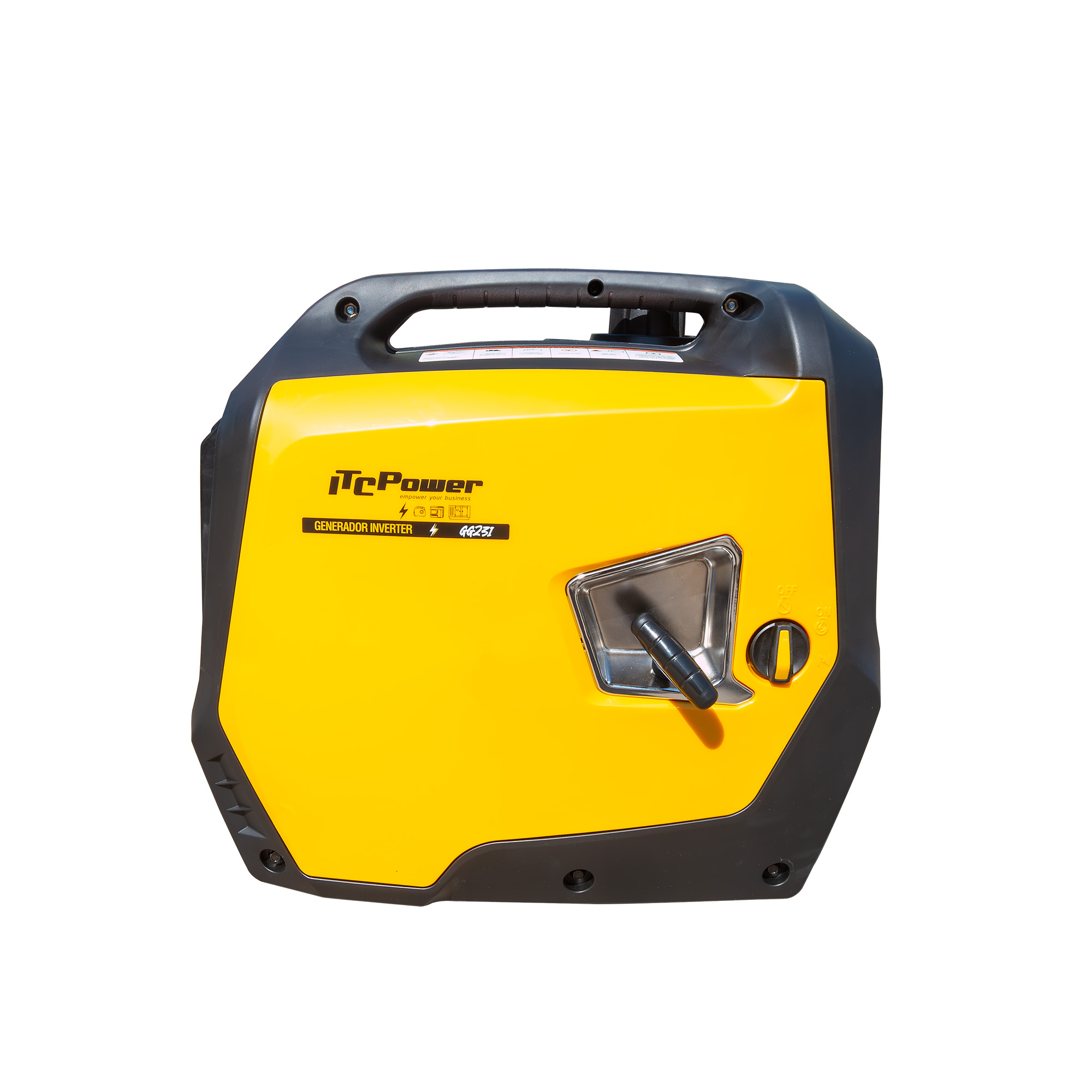 Generador portátil amarillo con asa negra y detalles.