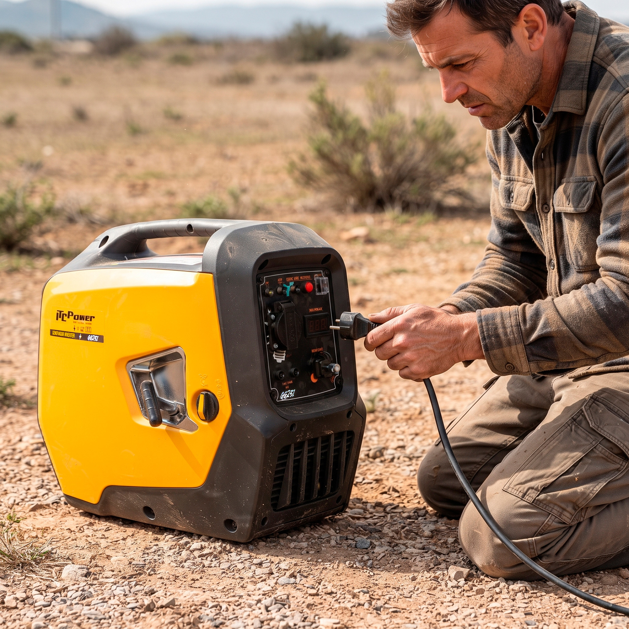 Hombre enchufa cable a generador amarillo exterior.