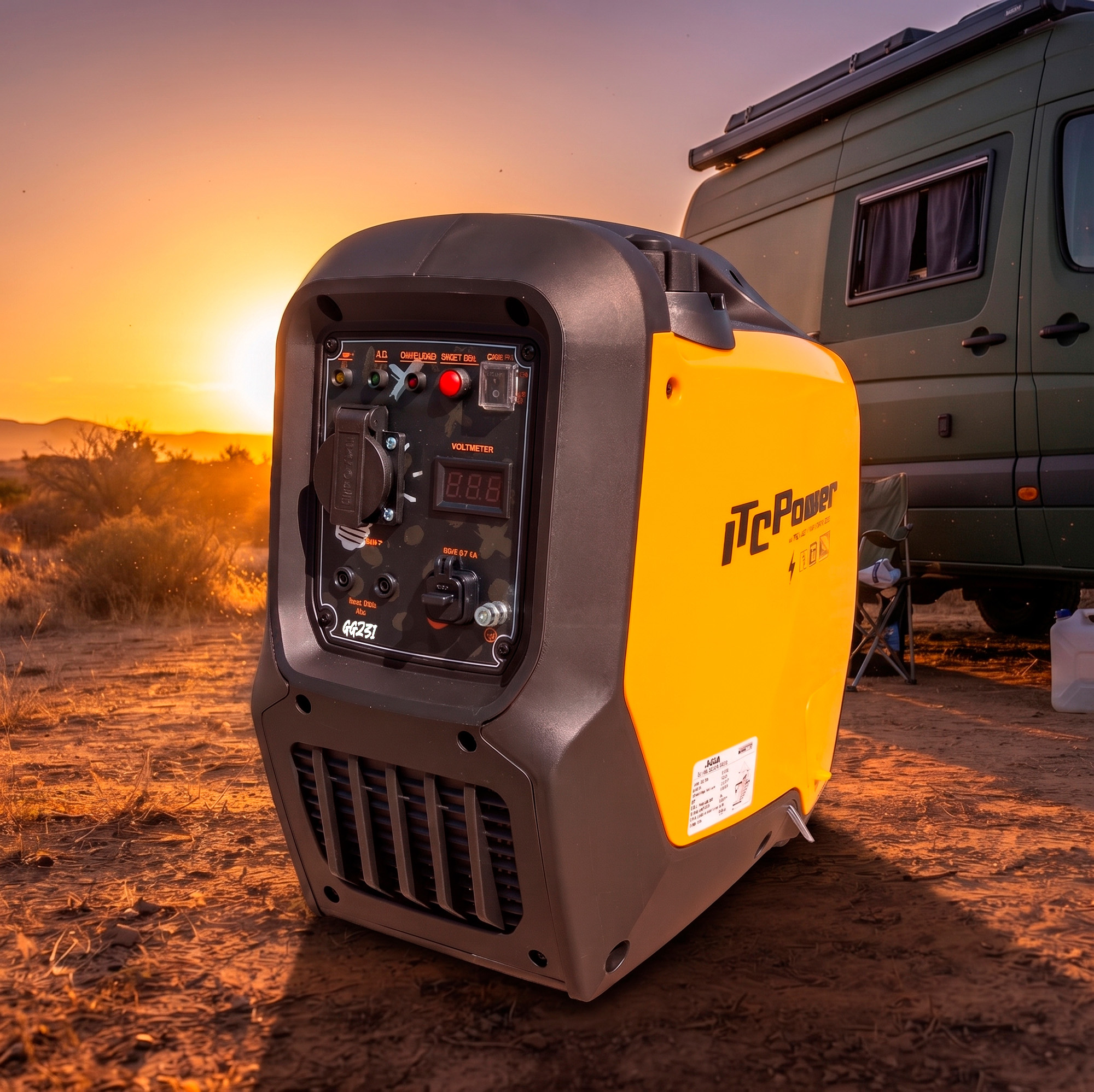 Un generador amarillo y gris se encuentra al aire libre al atardecer junto a una furgoneta camper.