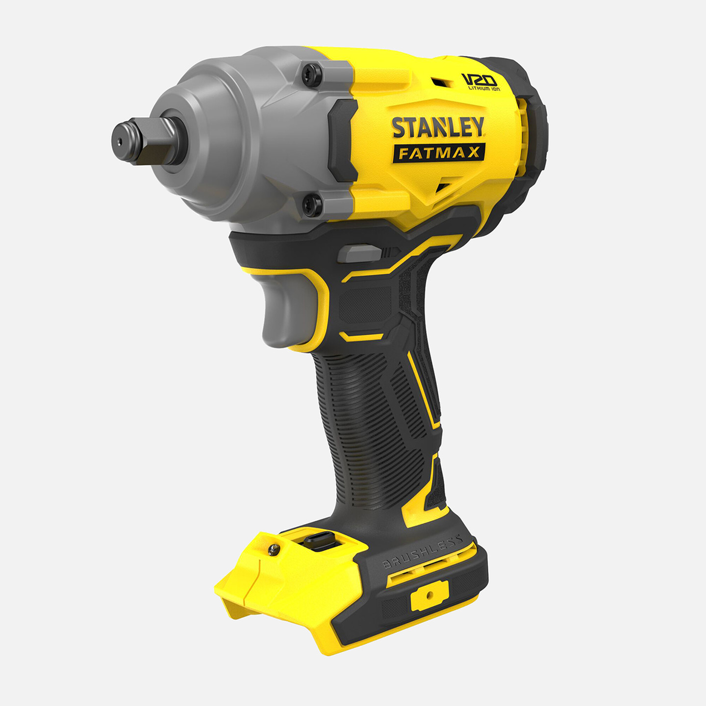 Sarı ve gri Stanley Fatmax darbeli anahtar, siyah saplı ve pilli.