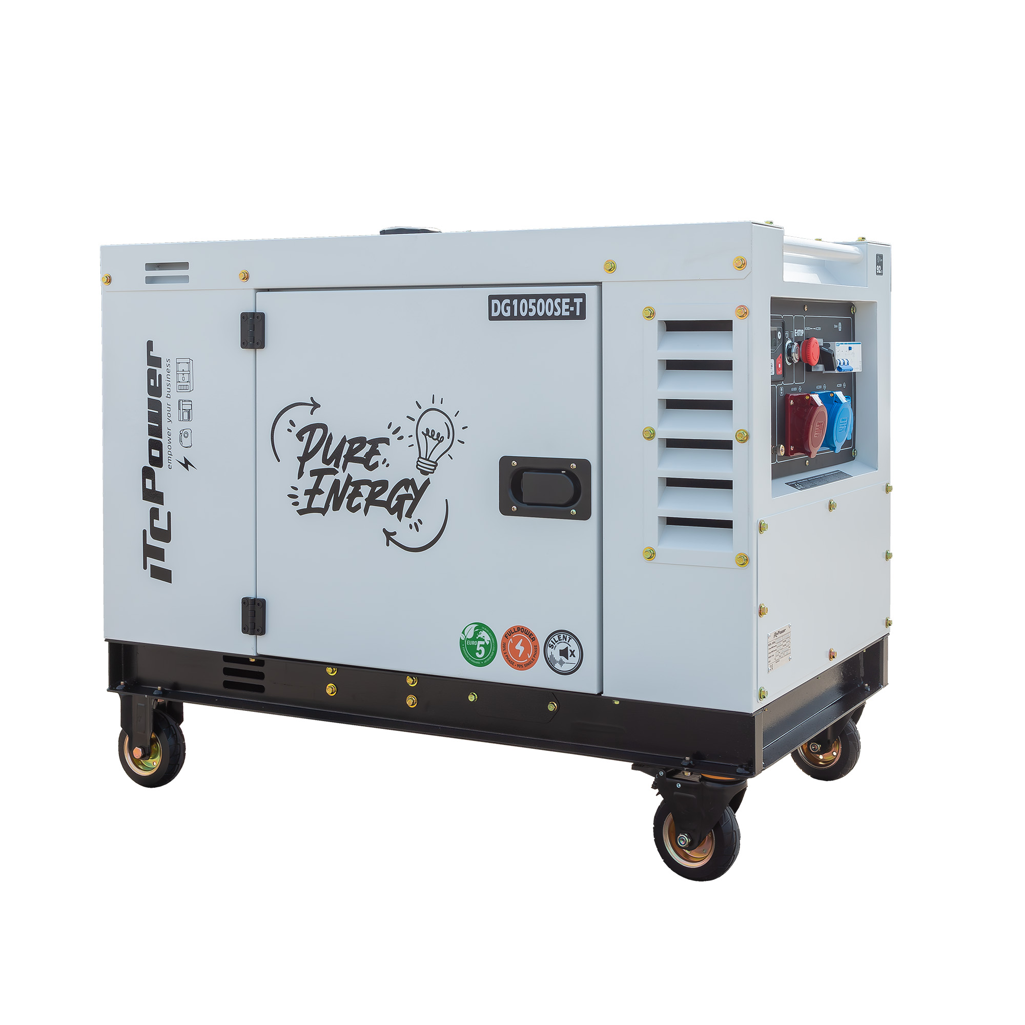 Un generador blanco sobre ruedas con la marca 'Pure Energy'.