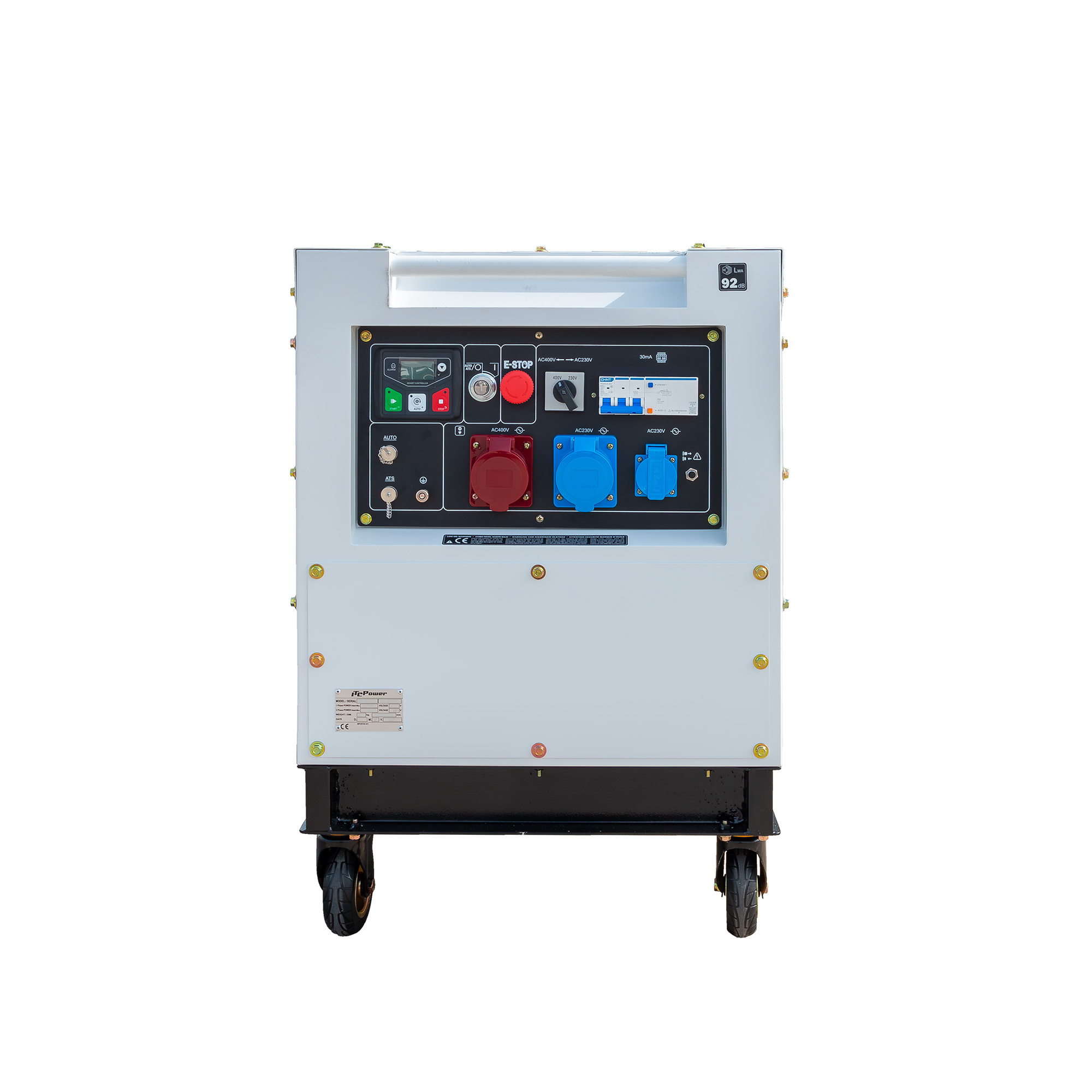 Un generador gris con ruedas y un panel de control con enchufes e interruptores.