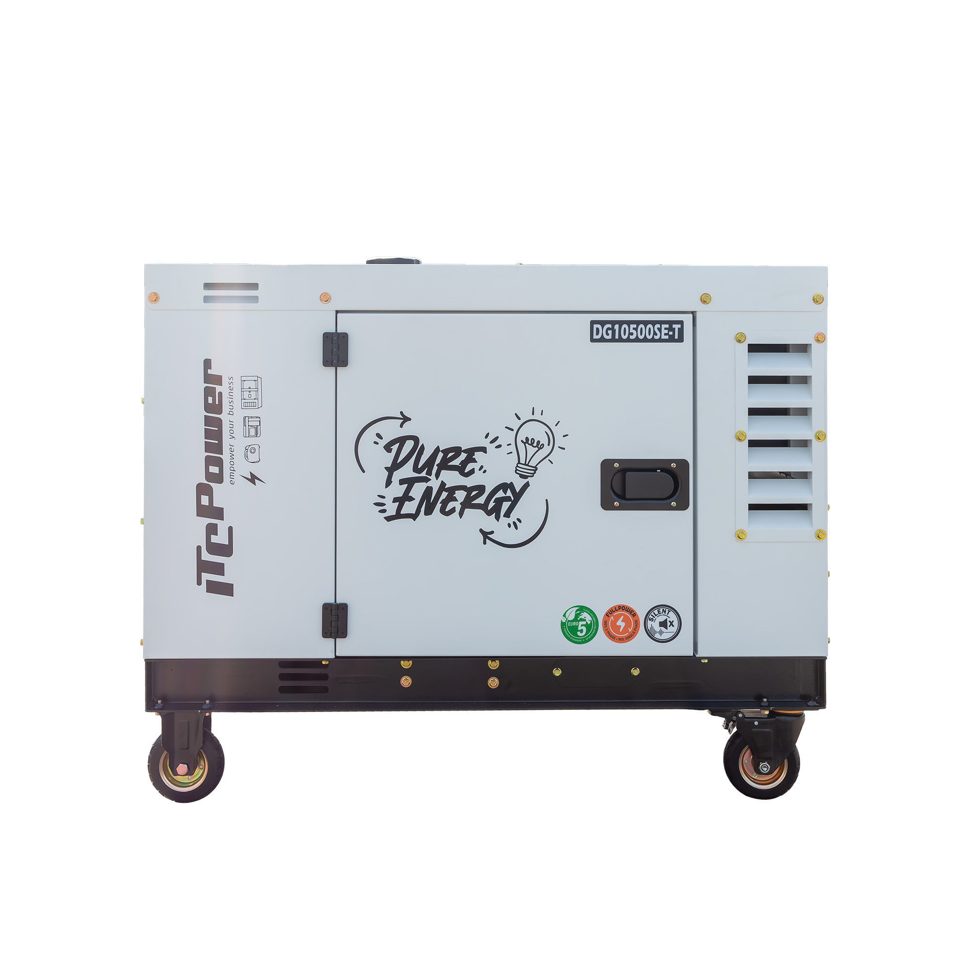 Un generador blanco TcPower con logo 'Pure Energy' y ruedas.