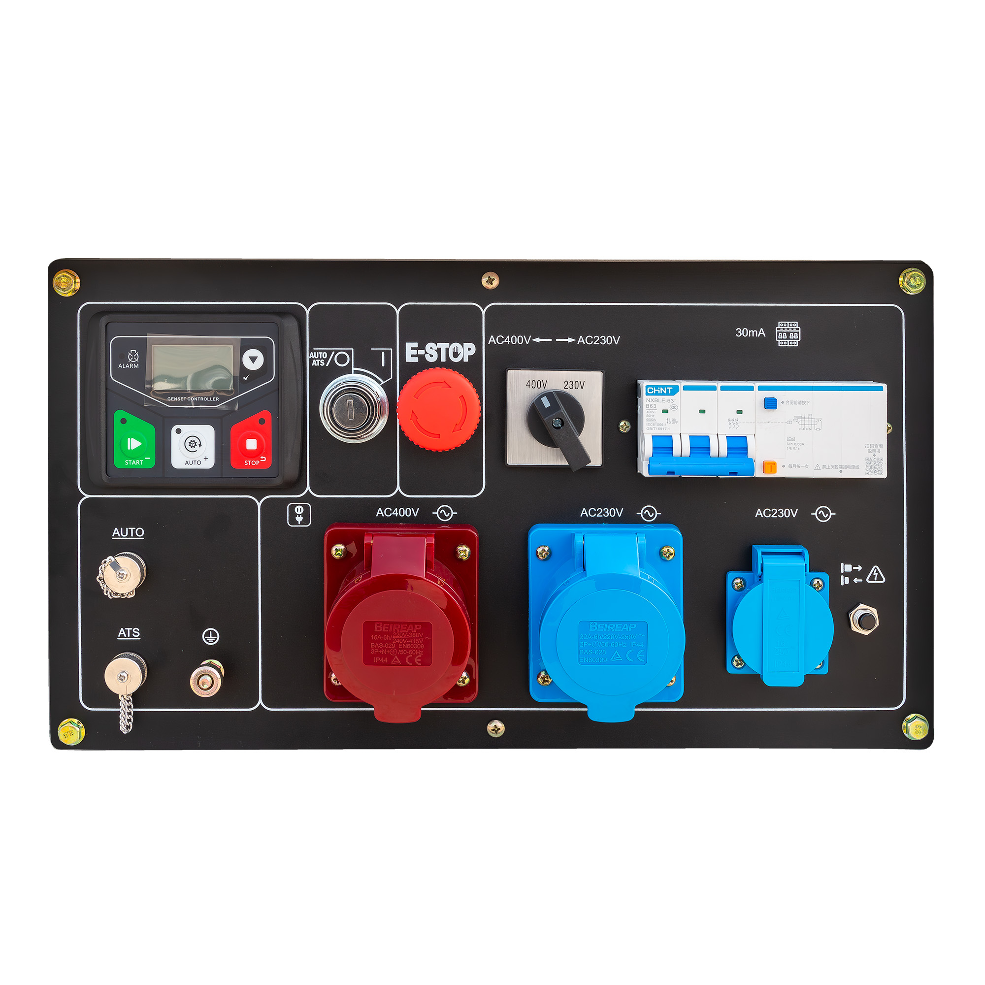 Un panel de control con pantalla digital, interruptores, botones y enchufes.