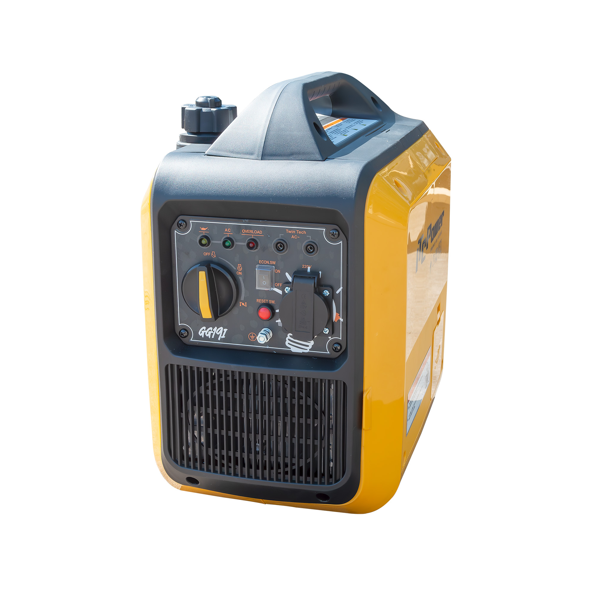 Un generador portátil amarillo con asa y panel de control negros.