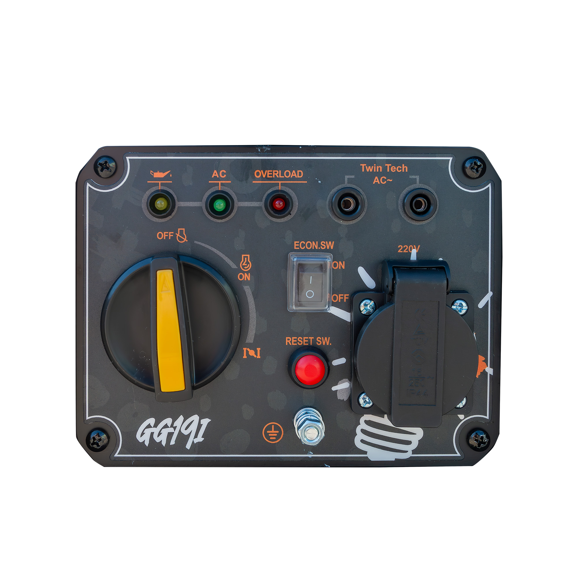 Un panel de control de generador con interruptores, luces y una toma.